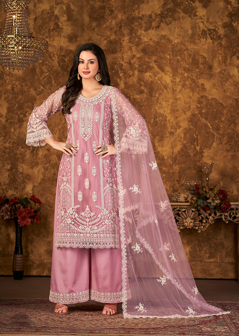 Light Pink Net Embroidered Stunning Palazzo Suit