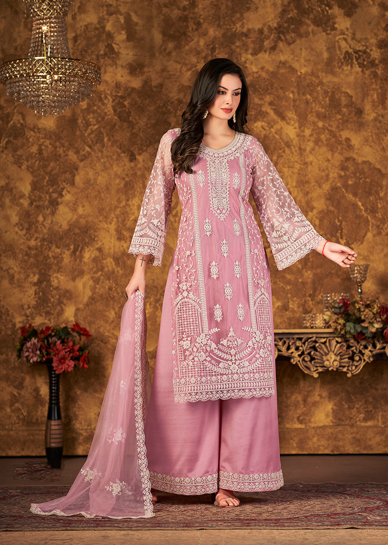 Light Pink Net Embroidered Stunning Palazzo Suit