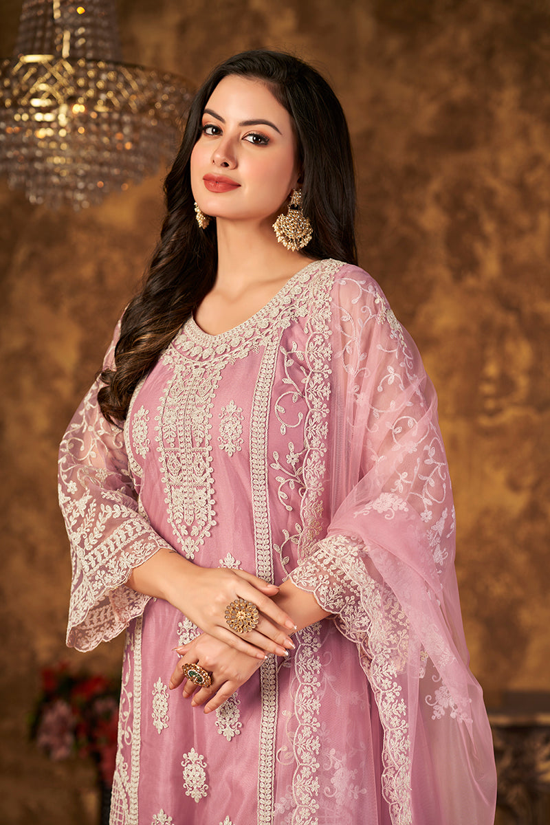 Light Pink Net Embroidered Stunning Palazzo Suit