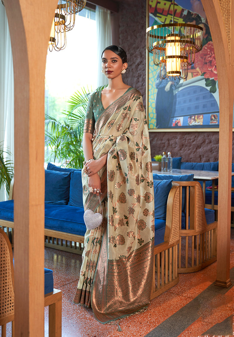 Light Green Organza Silk Zari Woven Traditional Saree