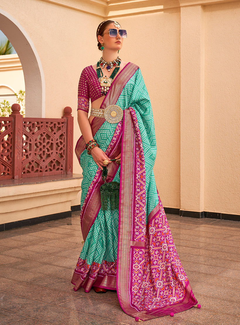 Turquoise Patola Print Zari Weaving Silk Saree