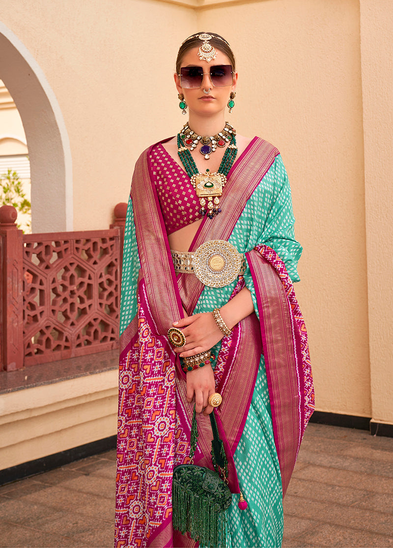 Turquoise Patola Print Zari Weaving Silk Saree