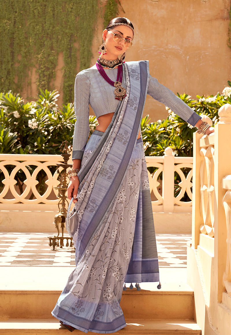 Slate Grey Raw Silk Printed Saree