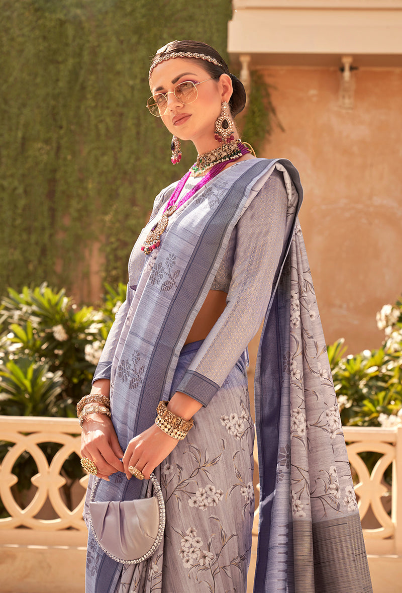 Slate Grey Raw Silk Printed Saree