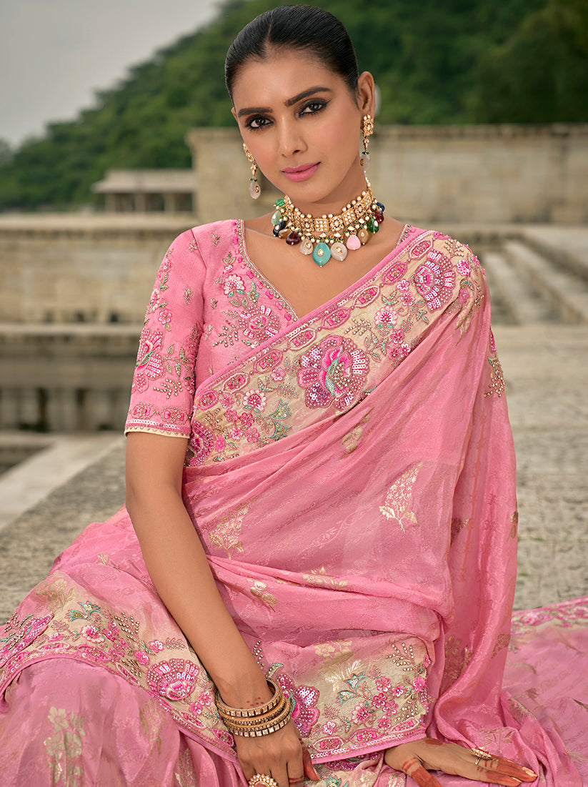 Light Pink Silk Embroidered with Heavy Patchwork Border Saree