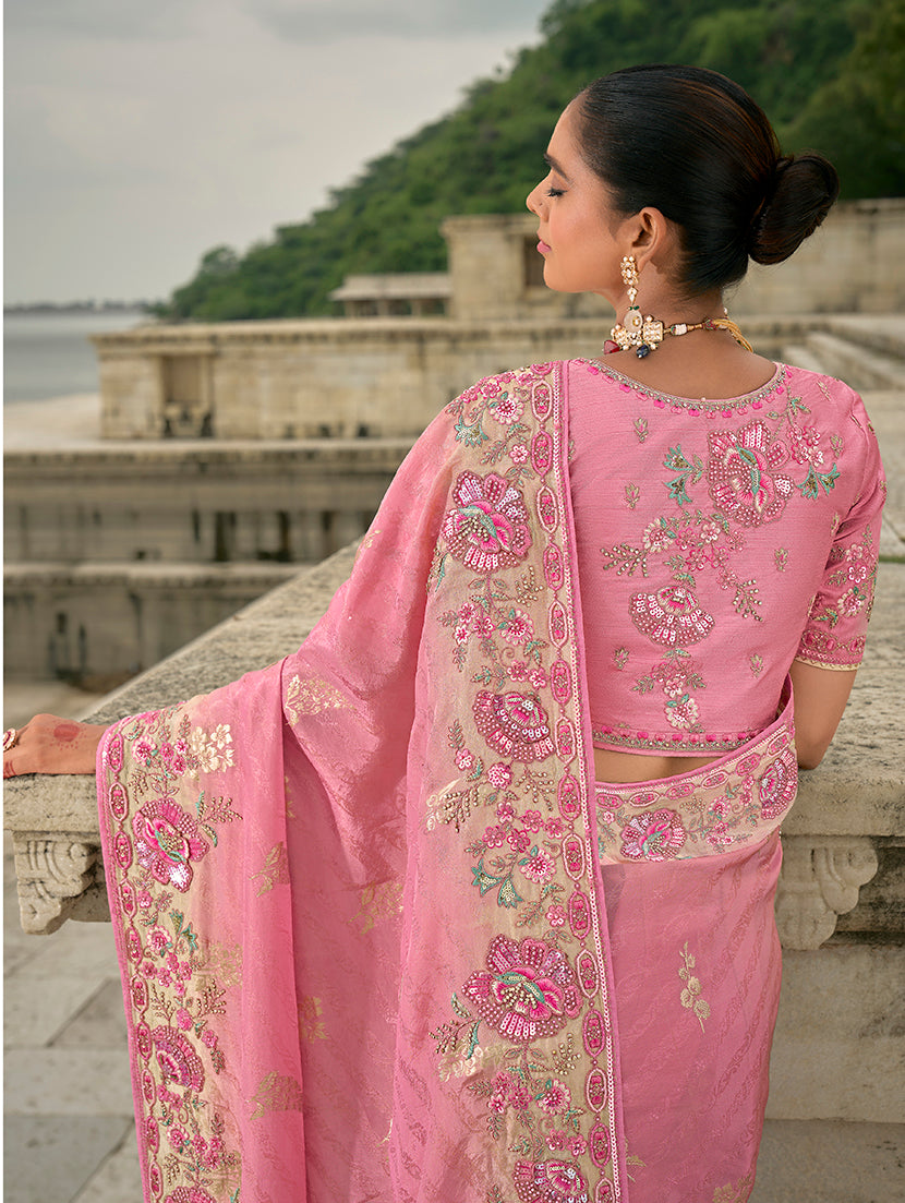 Light Pink Silk Embroidered with Heavy Patchwork Border Saree