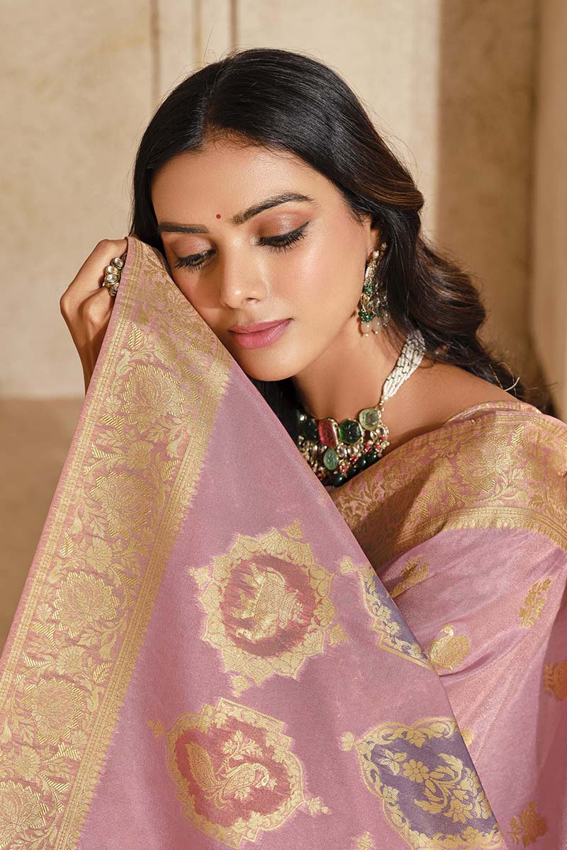 Light Pink Silk Zari Weaving Classic Saree