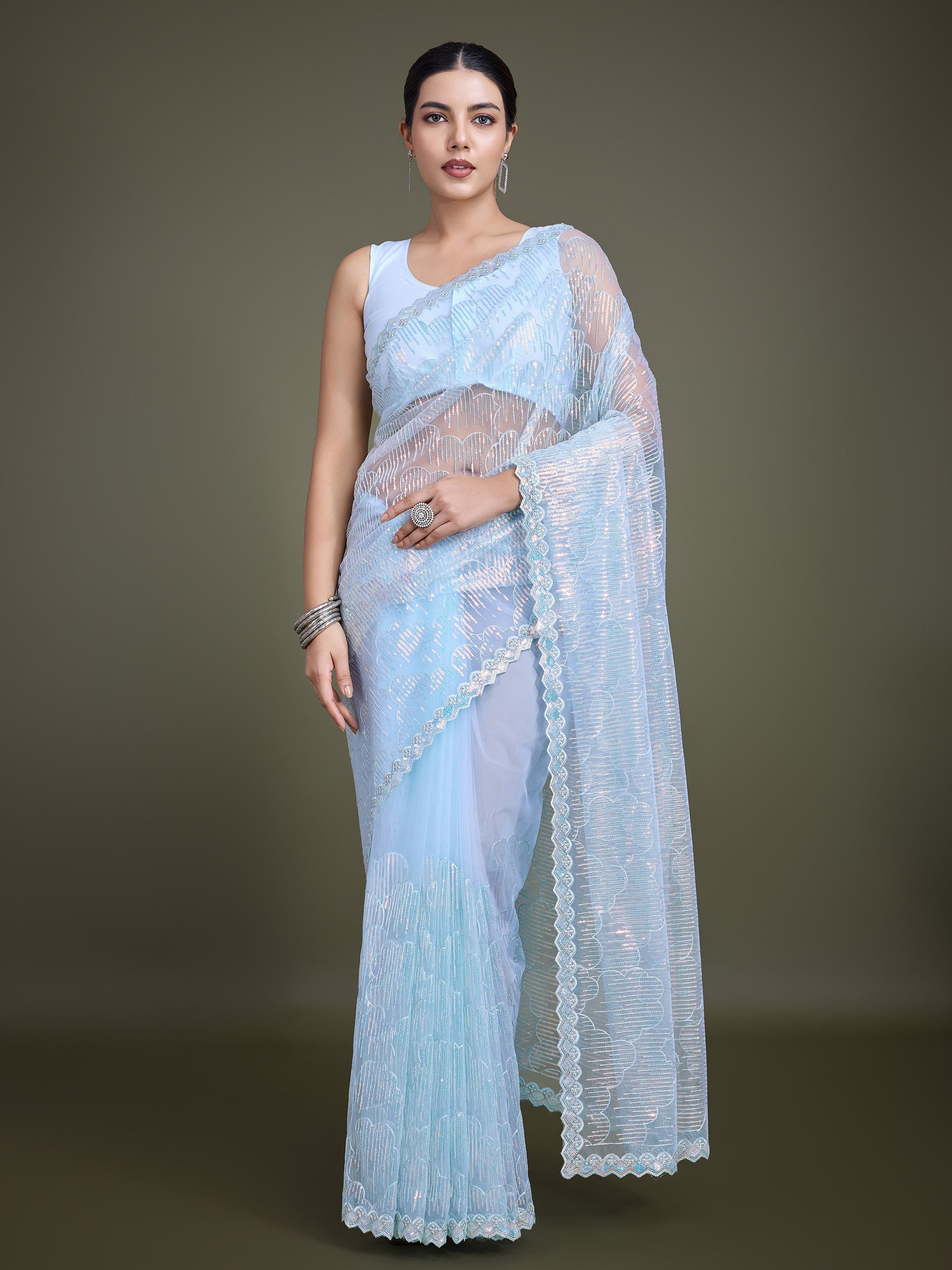 Light Sky Blue Soft Net Sequins Partywear Saree