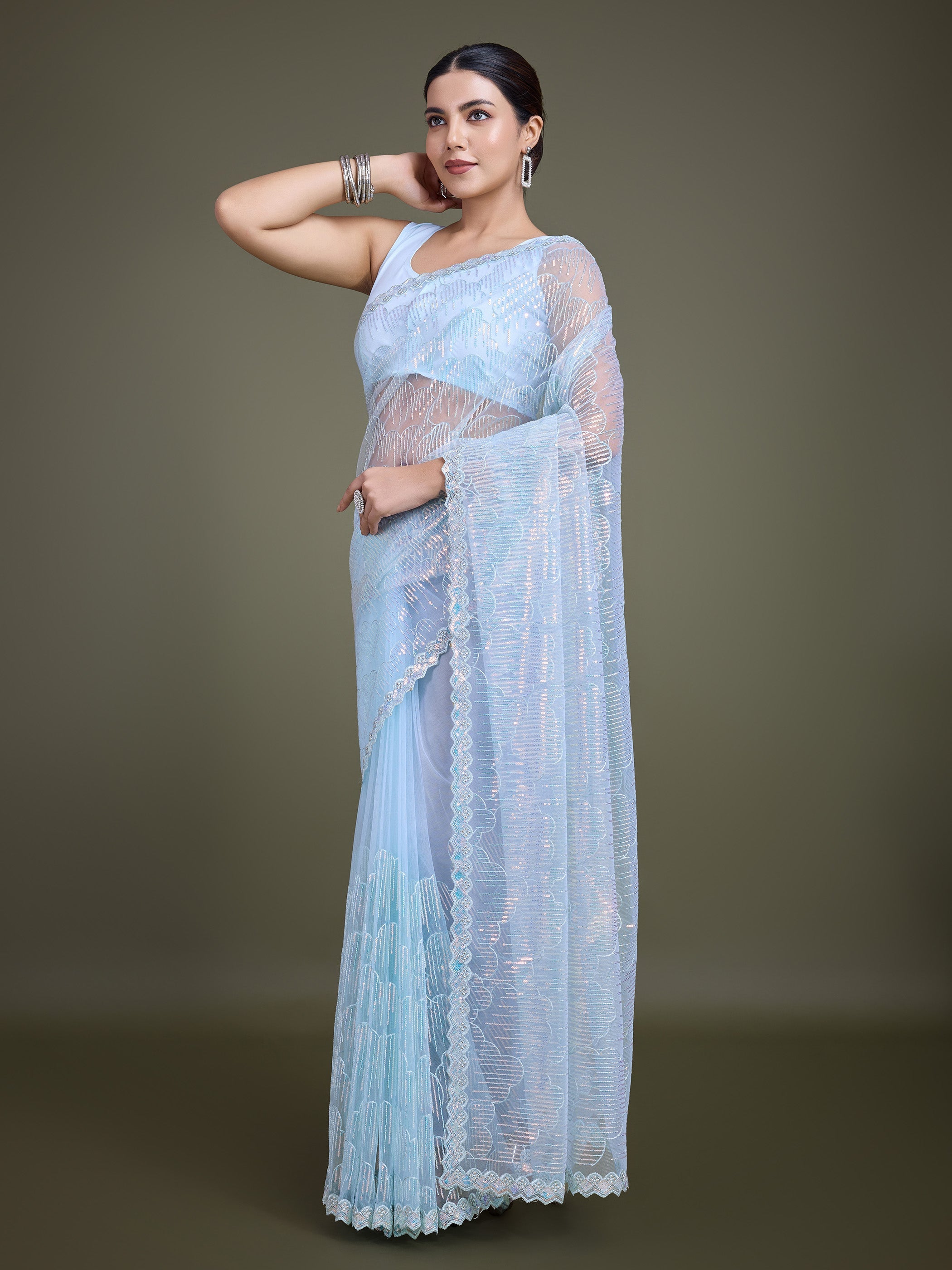 Light Sky Blue Soft Net Sequins Partywear Saree