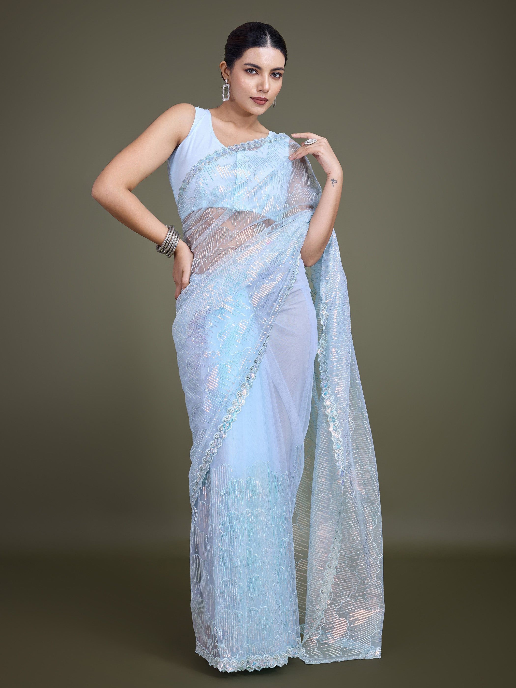 Light Sky Blue Soft Net Sequins Partywear Saree