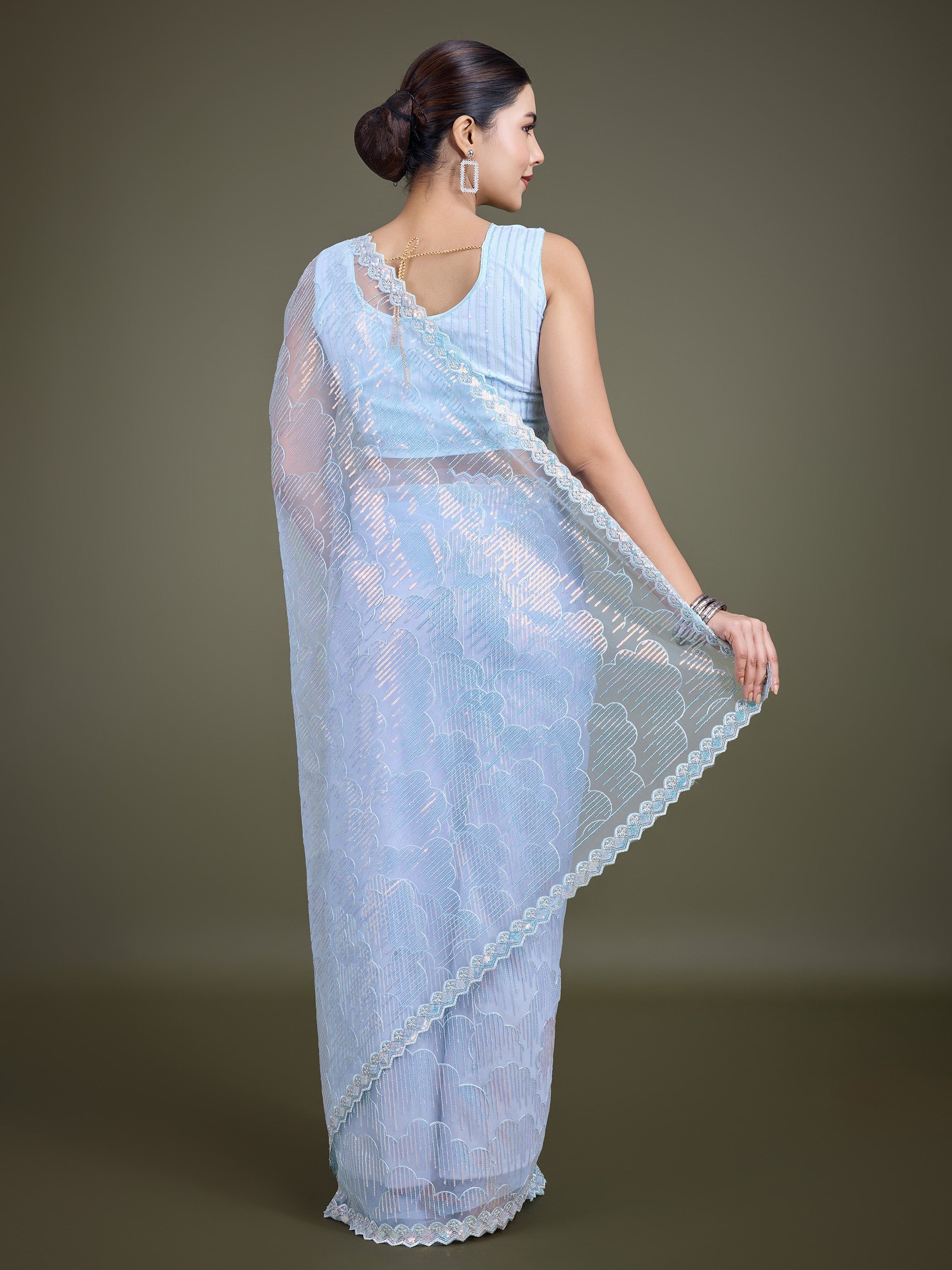 Light Sky Blue Soft Net Sequins Partywear Saree