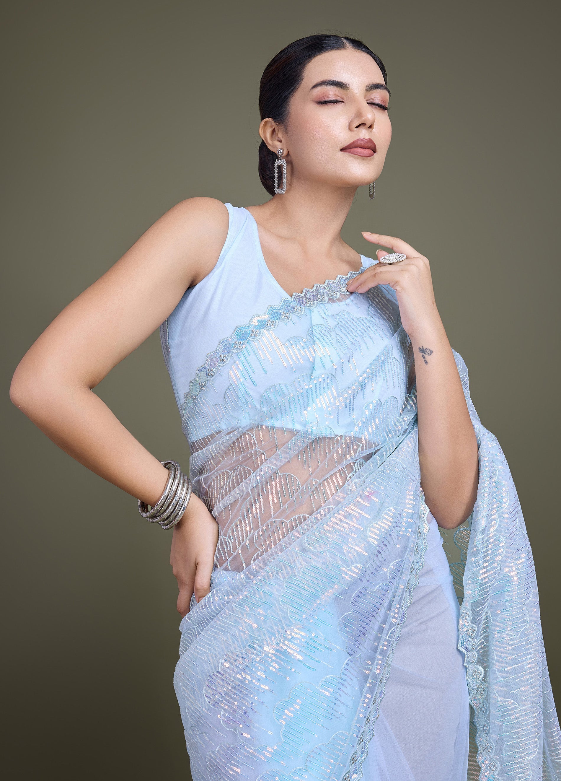Light Sky Blue Soft Net Sequins Partywear Saree