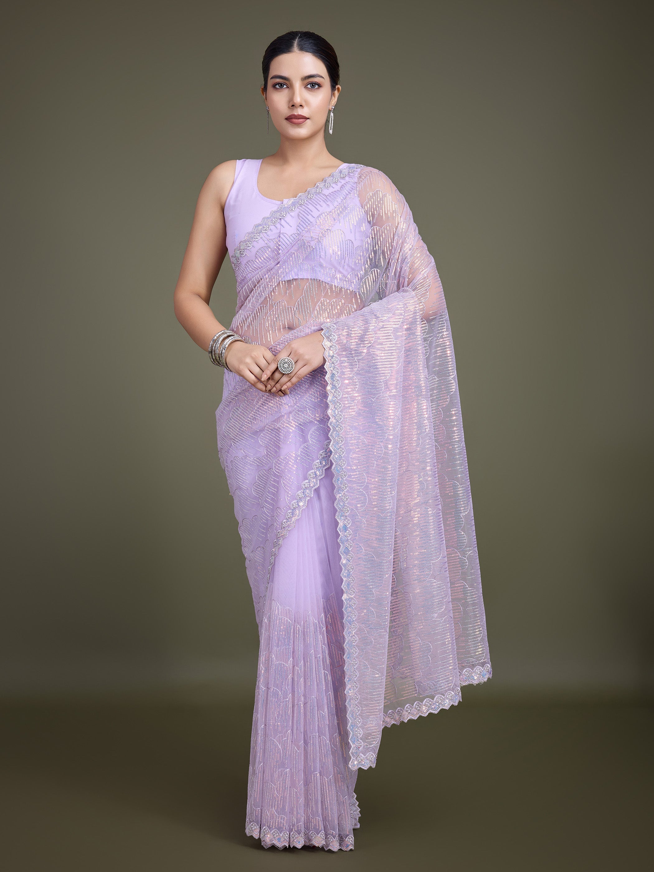Lavender Soft Net Sequins Partywear Saree