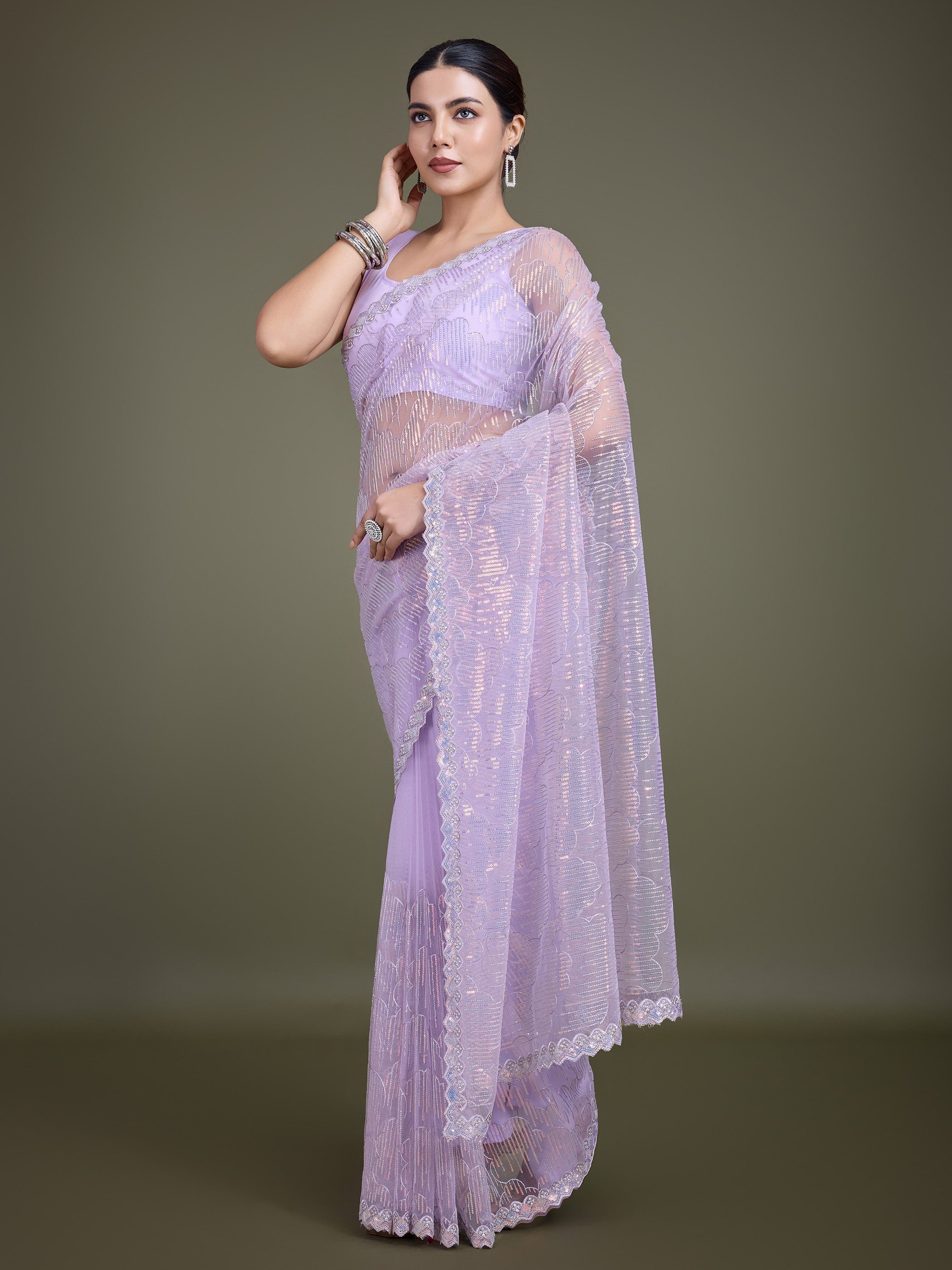 Lavender Soft Net Sequins Partywear Saree