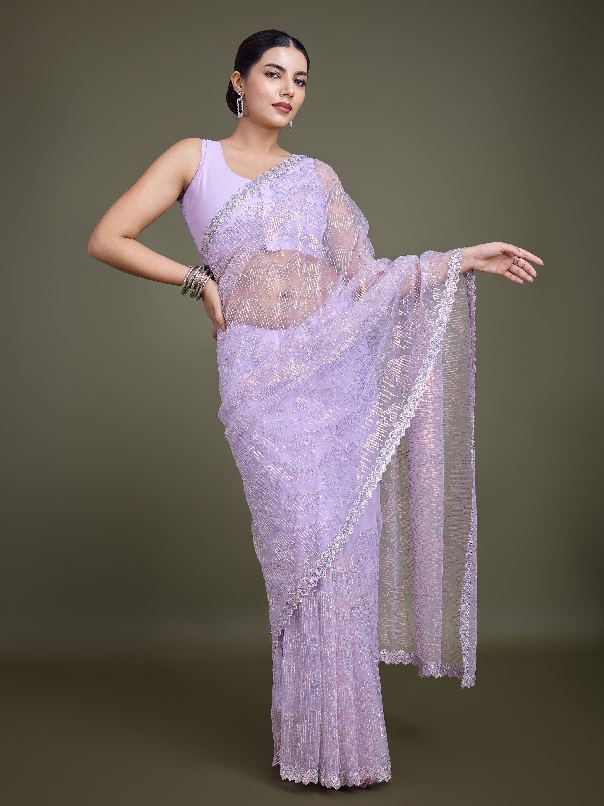 Lavender Soft Net Sequins Partywear Saree