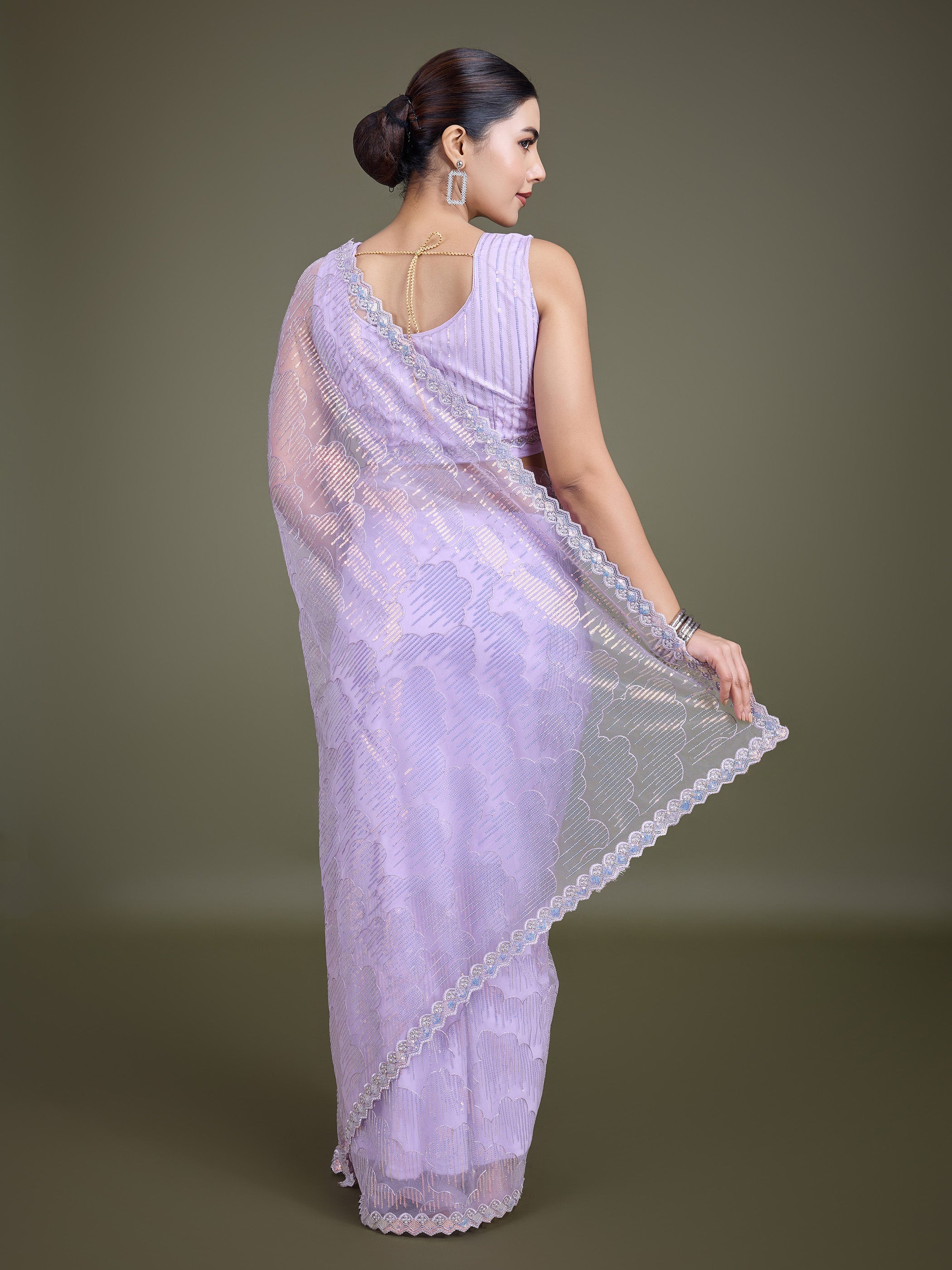 Lavender Soft Net Sequins Partywear Saree