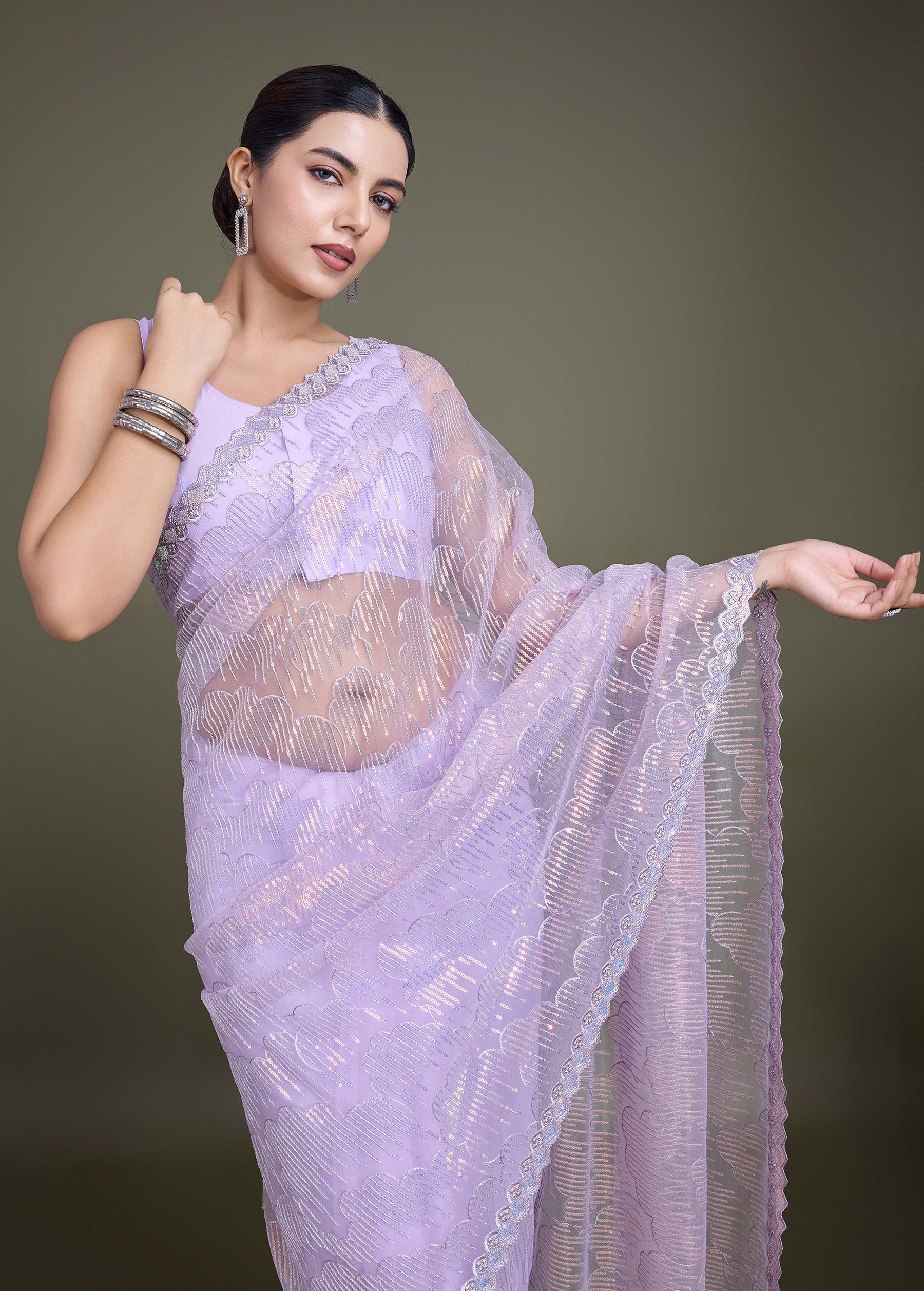 Lavender Soft Net Sequins Partywear Saree