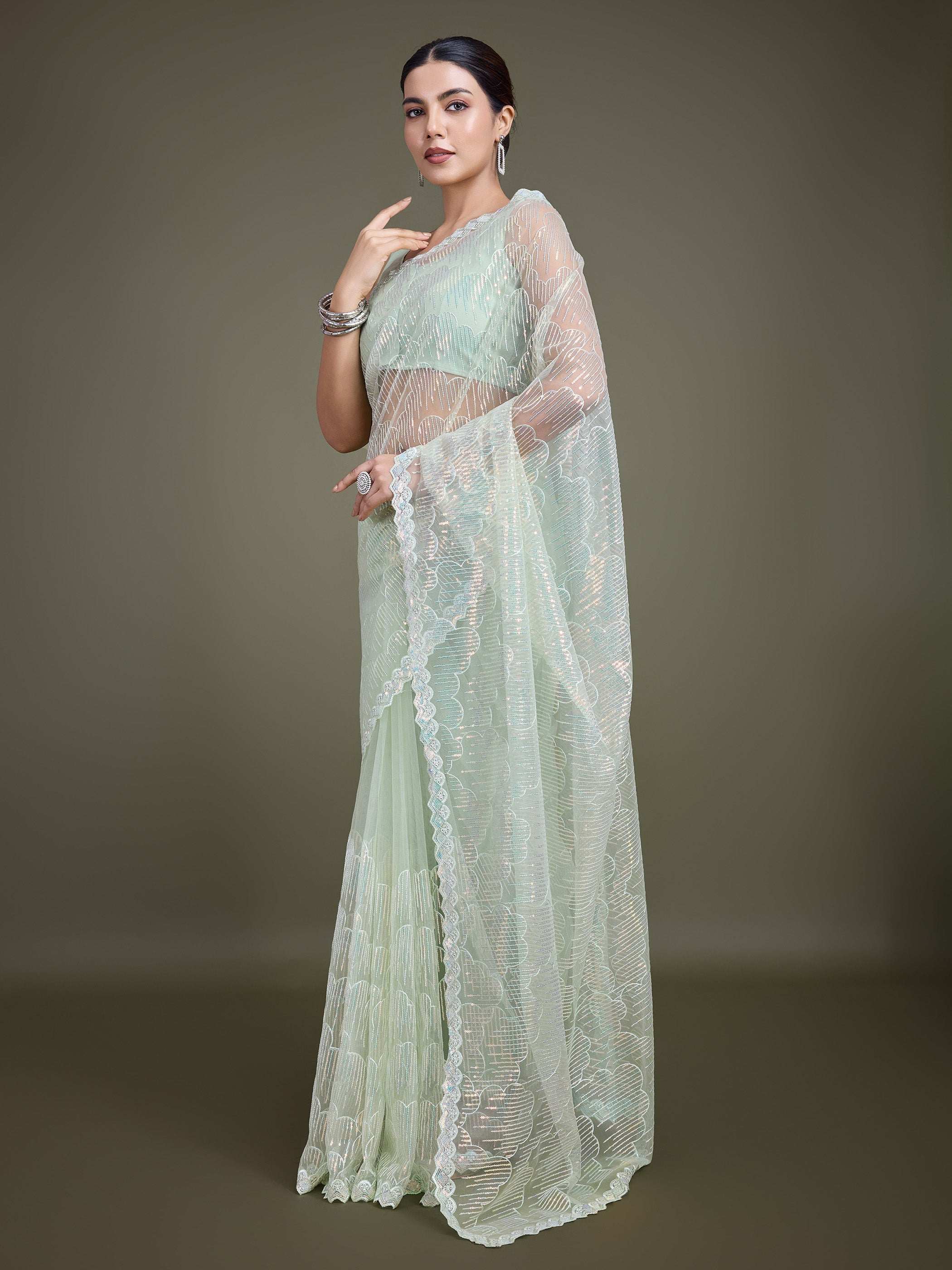 Light Green Soft Net  Sequins Partywear Saree