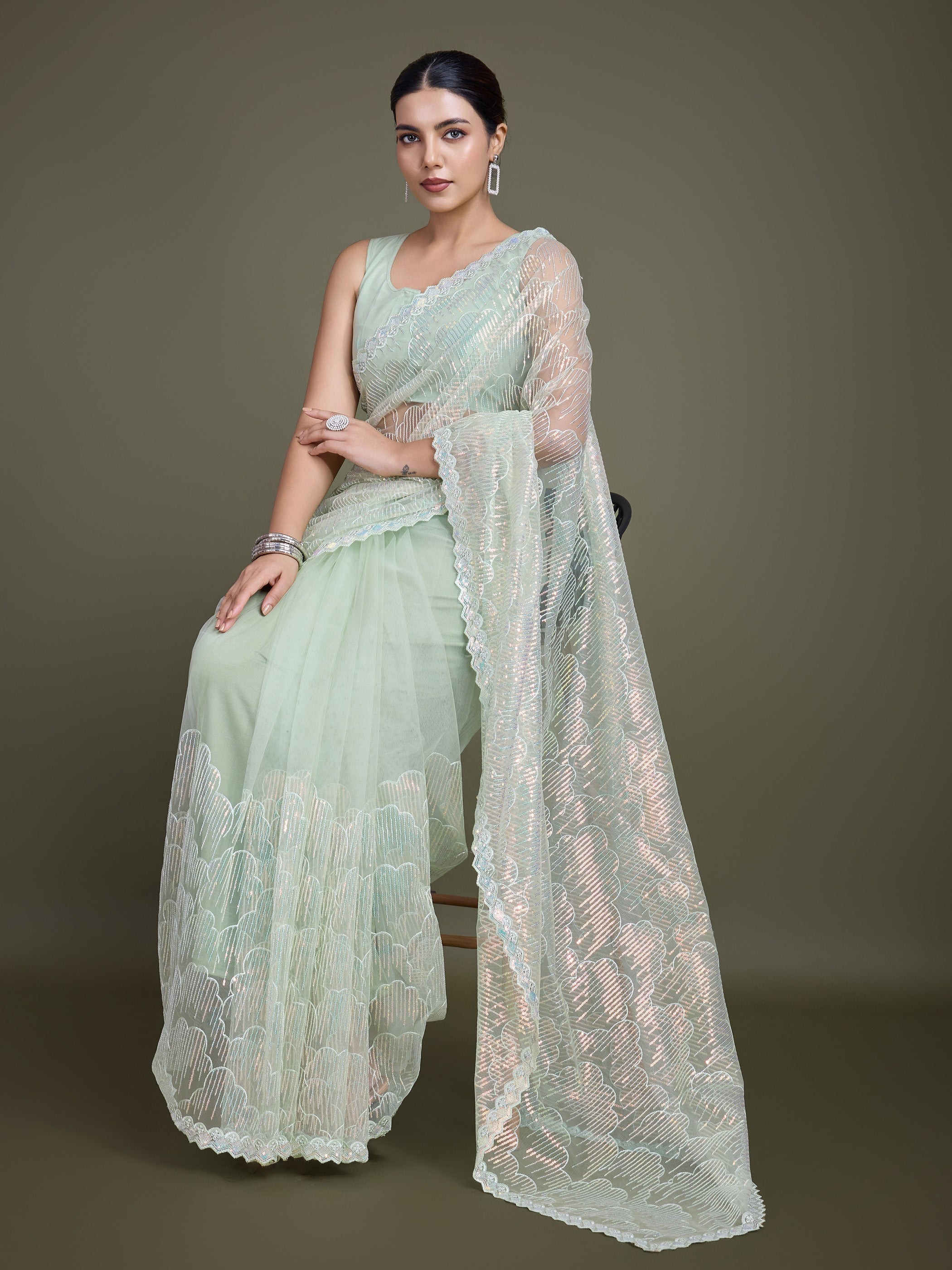 Light Green Soft Net  Sequins Partywear Saree