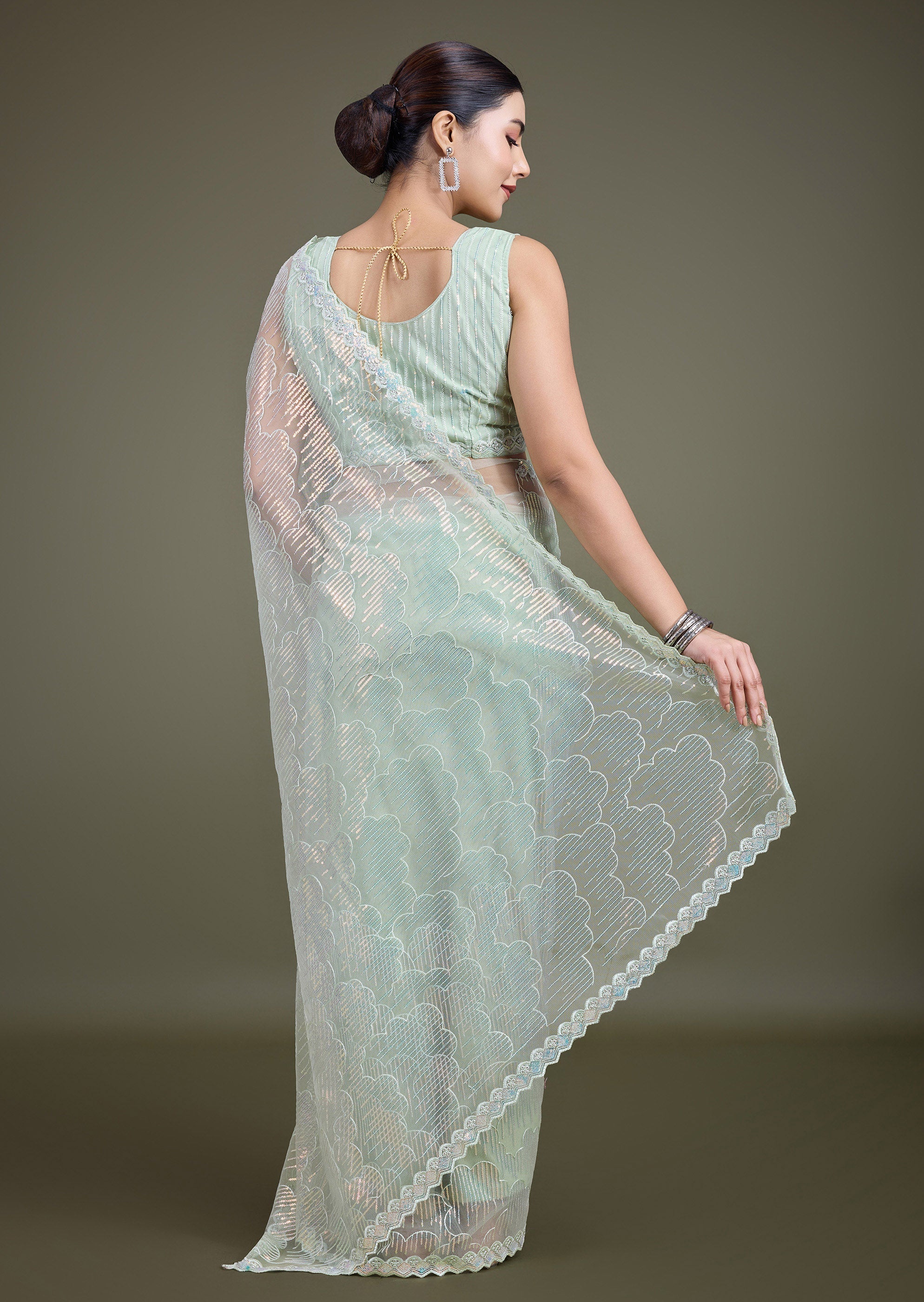 Light Green Soft Net  Sequins Partywear Saree