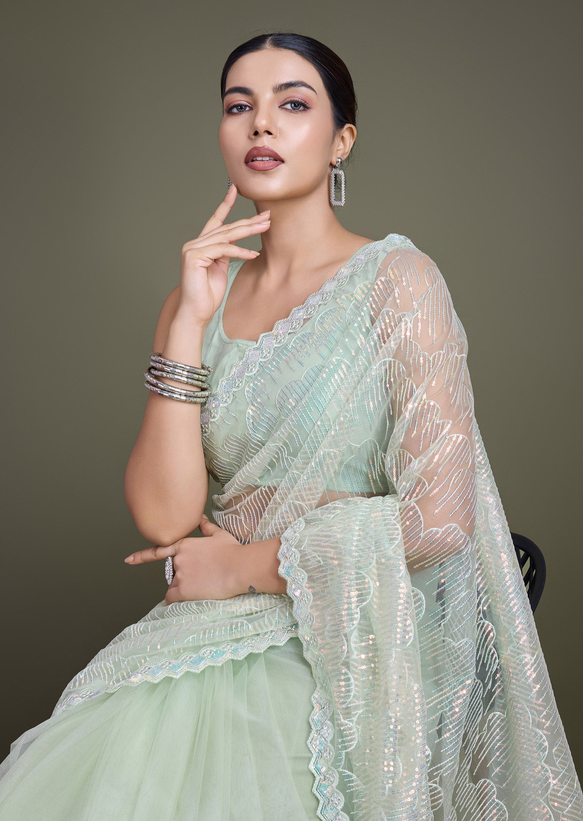 Light Green Soft Net  Sequins Partywear Saree