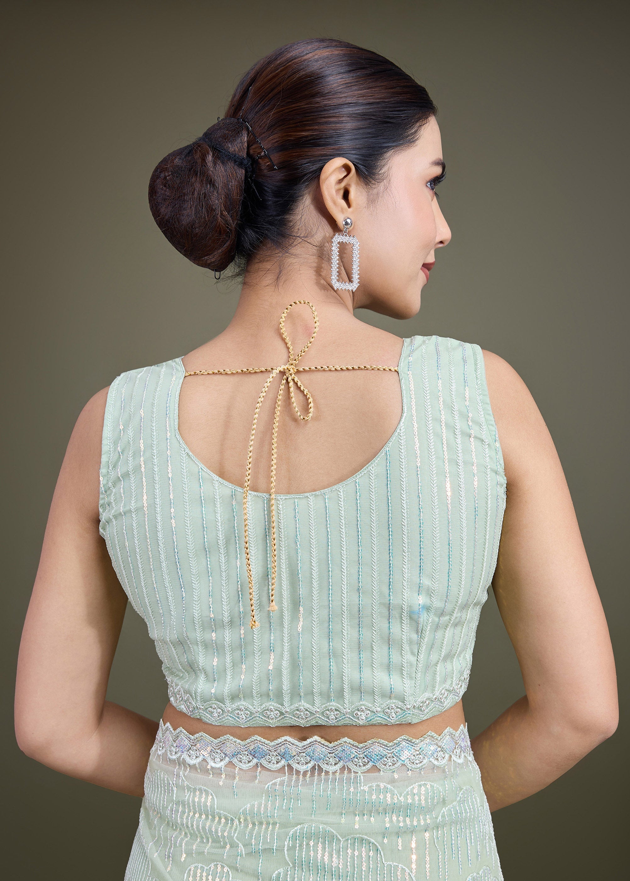 Light Green Soft Net  Sequins Partywear Saree