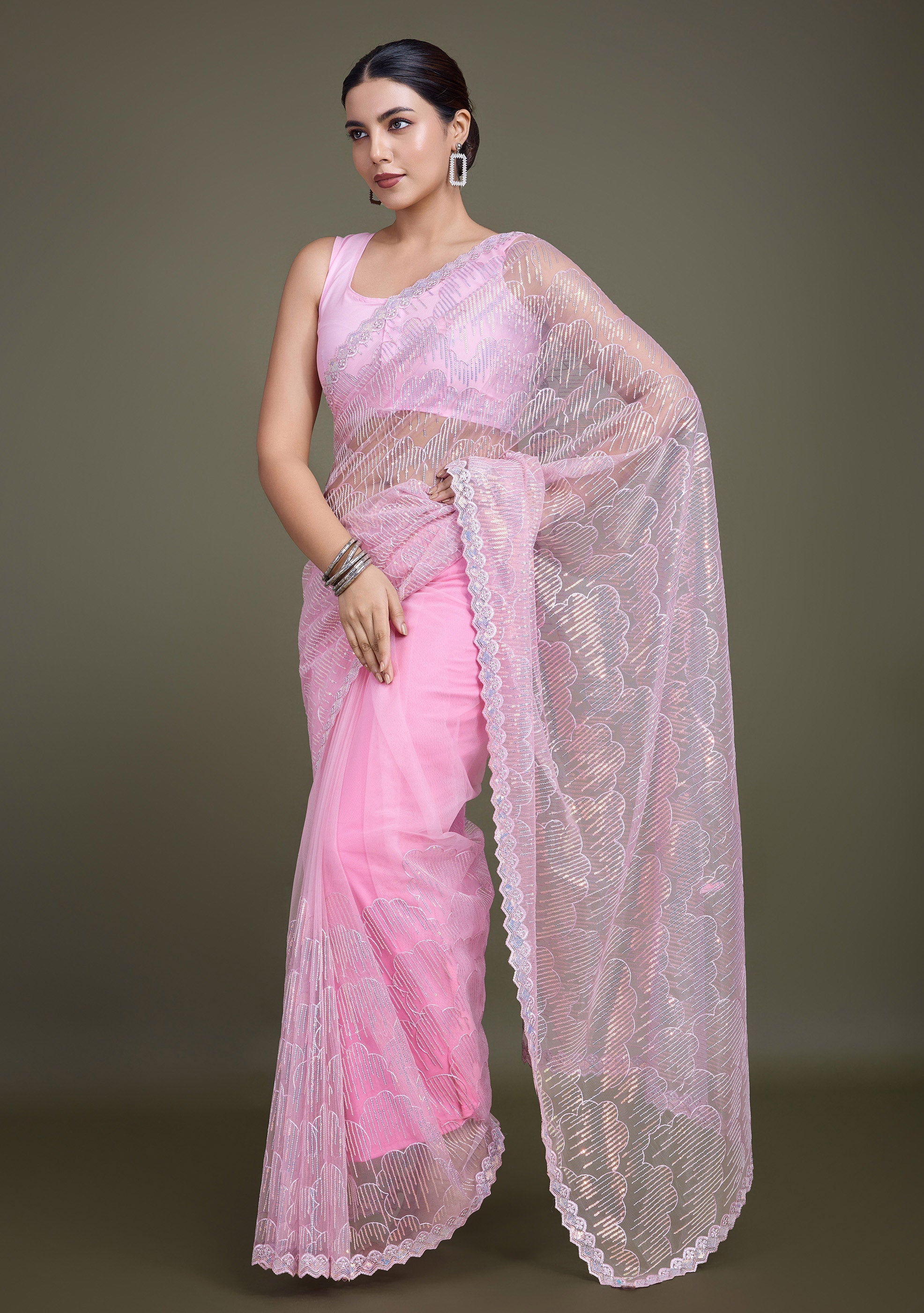 Light Pink Soft Net Sequins Partywear Saree