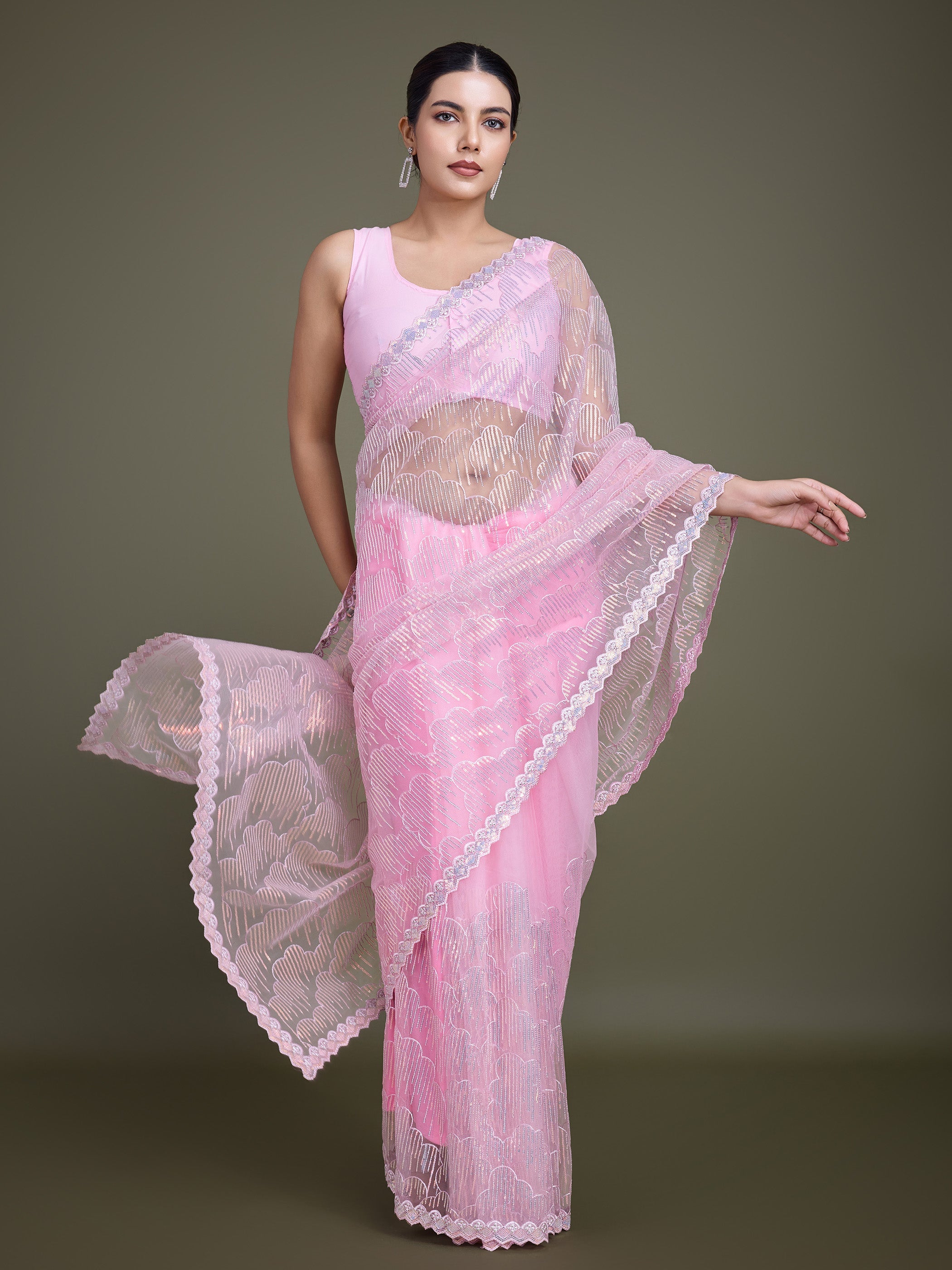 Light Pink Soft Net Sequins Partywear Saree