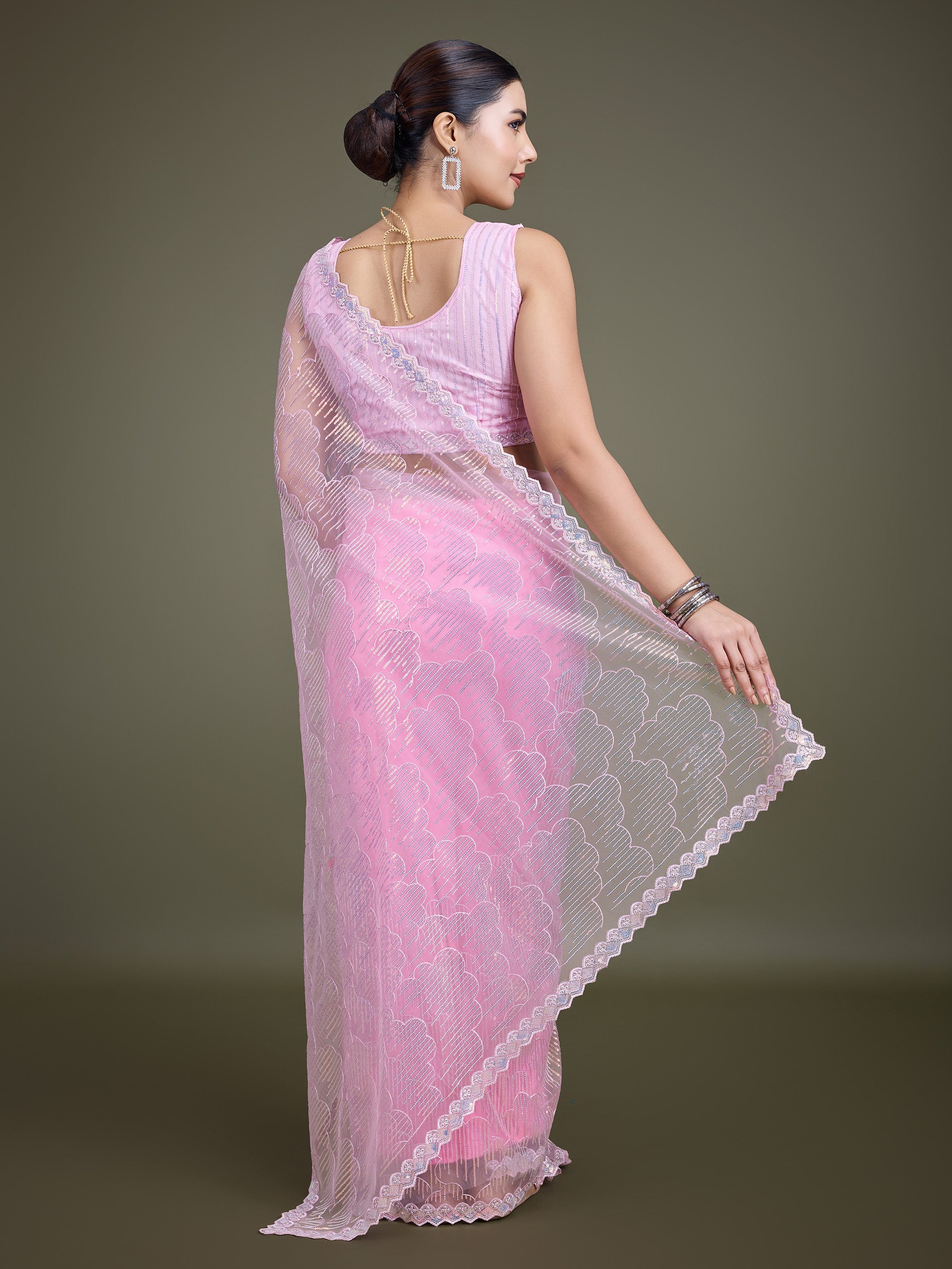 Light Pink Soft Net Sequins Partywear Saree