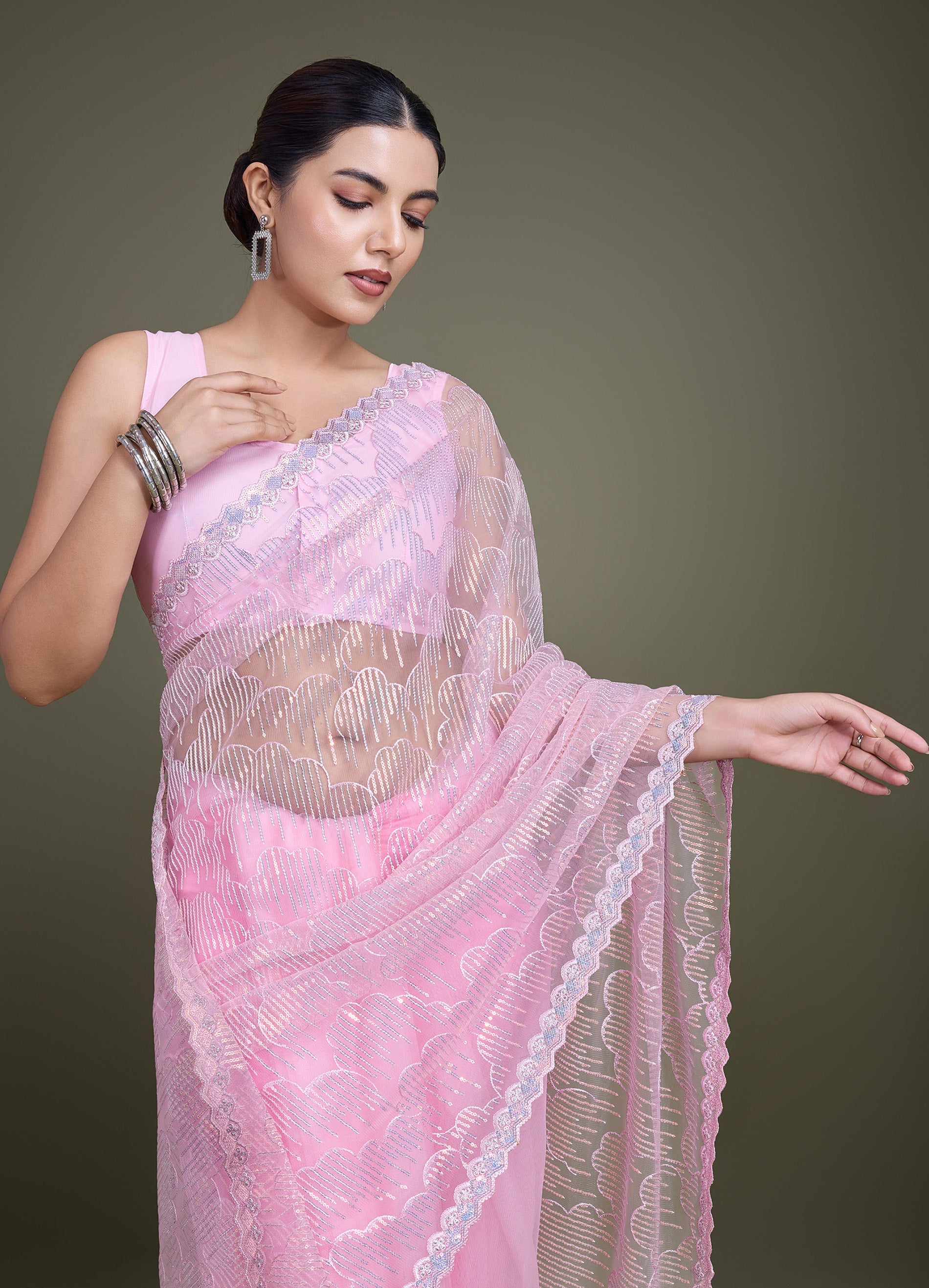 Light Pink Soft Net Sequins Partywear Saree