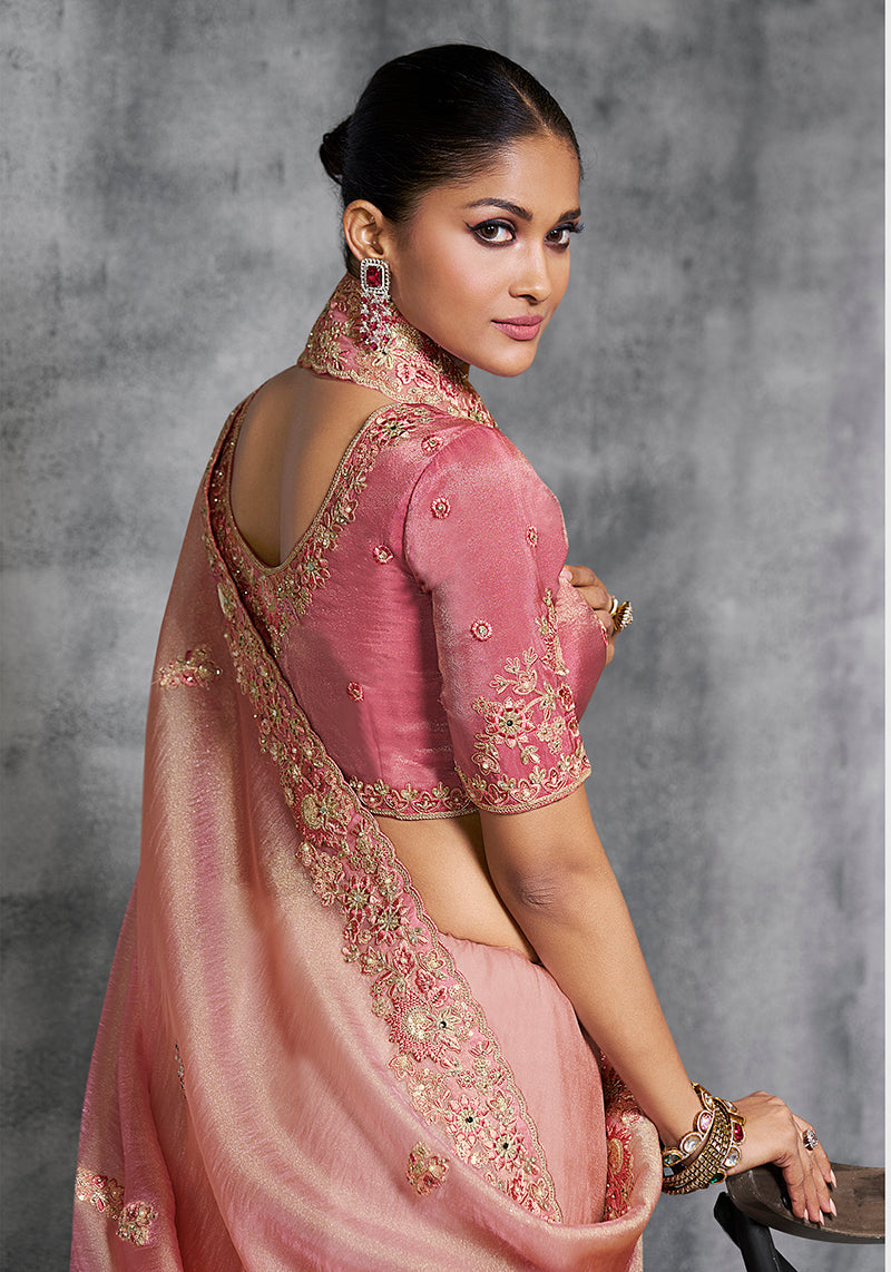 Light Pink Tissue Traditional Saree with Embroidered, Resham and Thread Work for Ceremonial