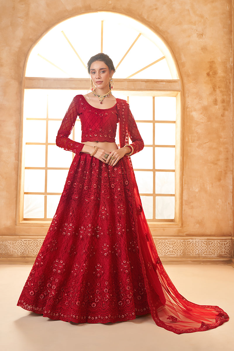 Red Net Embroidered Designer Bridal Lehenga Choli
