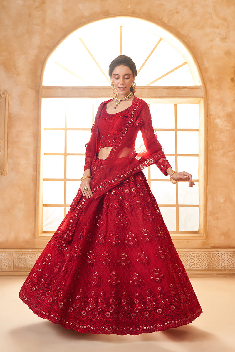 Red Net Embroidered Designer Bridal Lehenga Choli