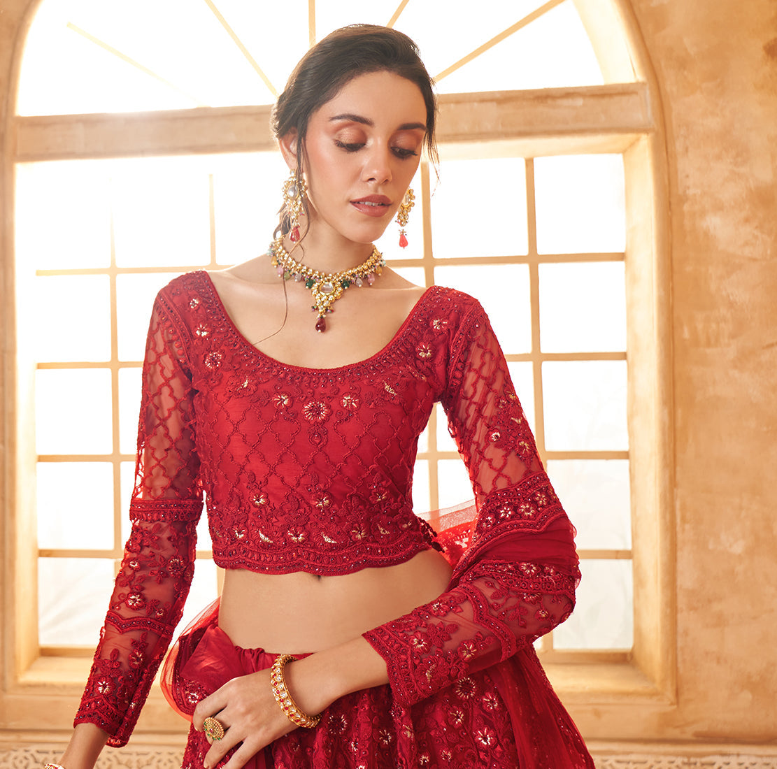 Red Net Embroidered Designer Bridal Lehenga Choli