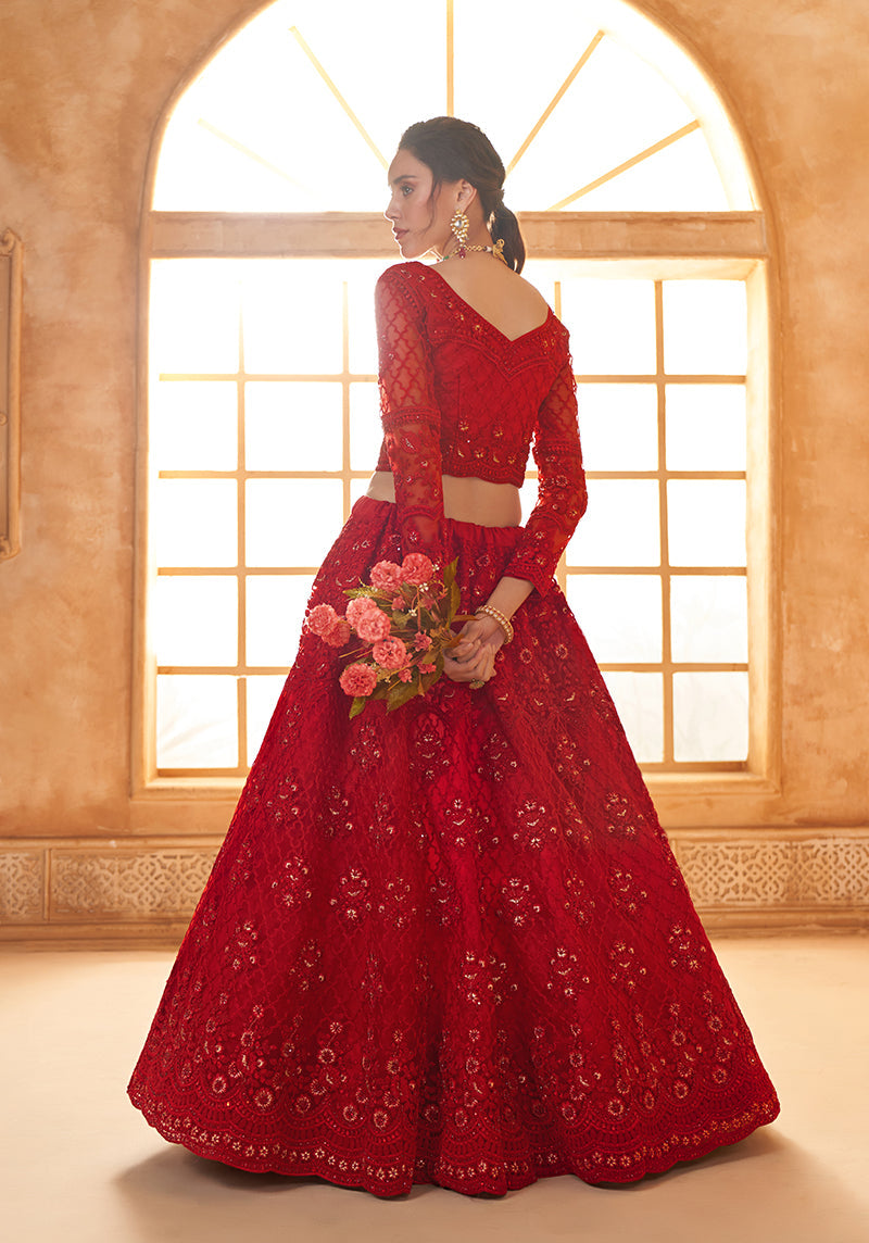 Red Net Embroidered Designer Bridal Lehenga Choli