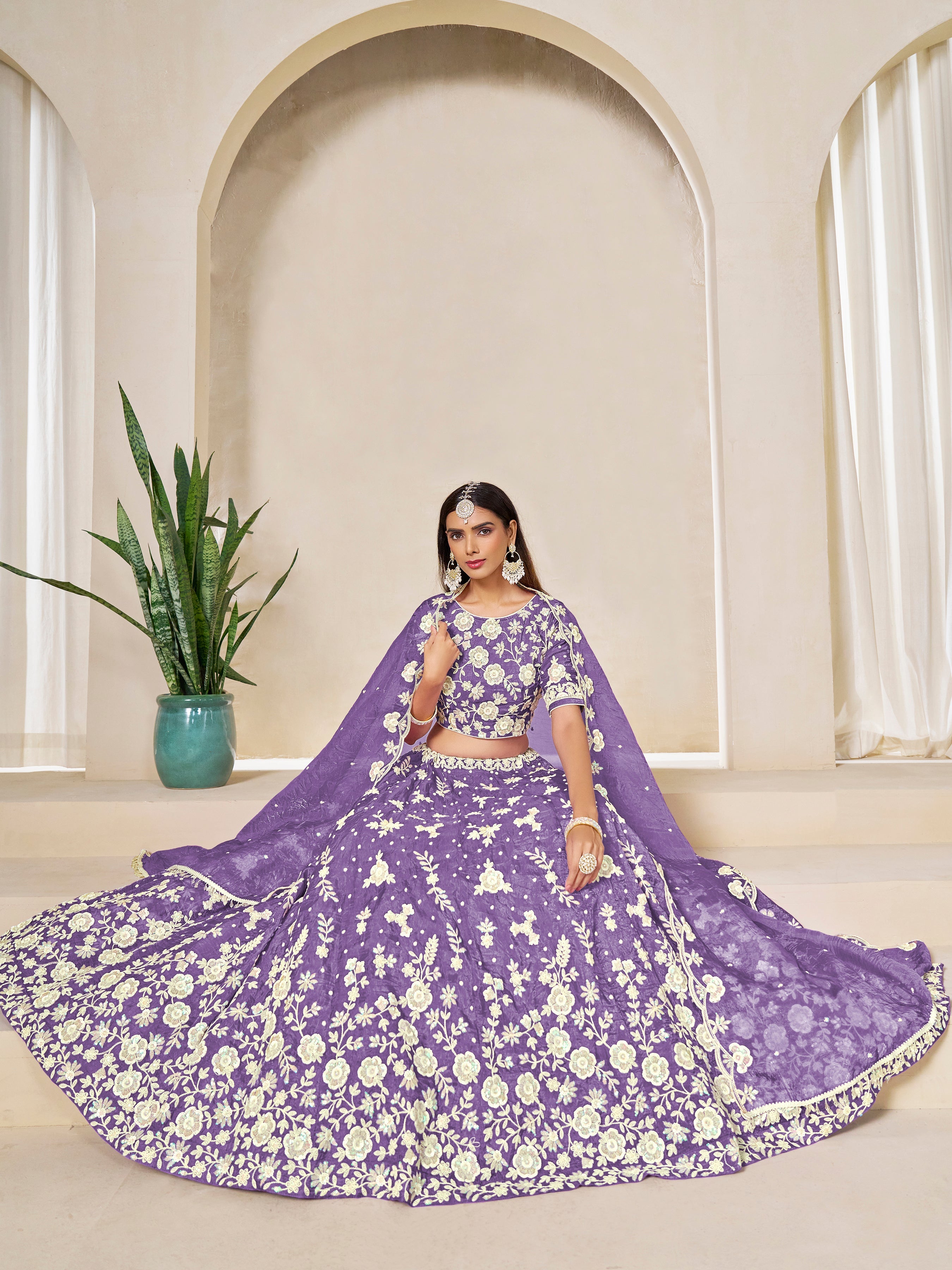 Light Purple Embroidered Crush Organza Lehenga Choli