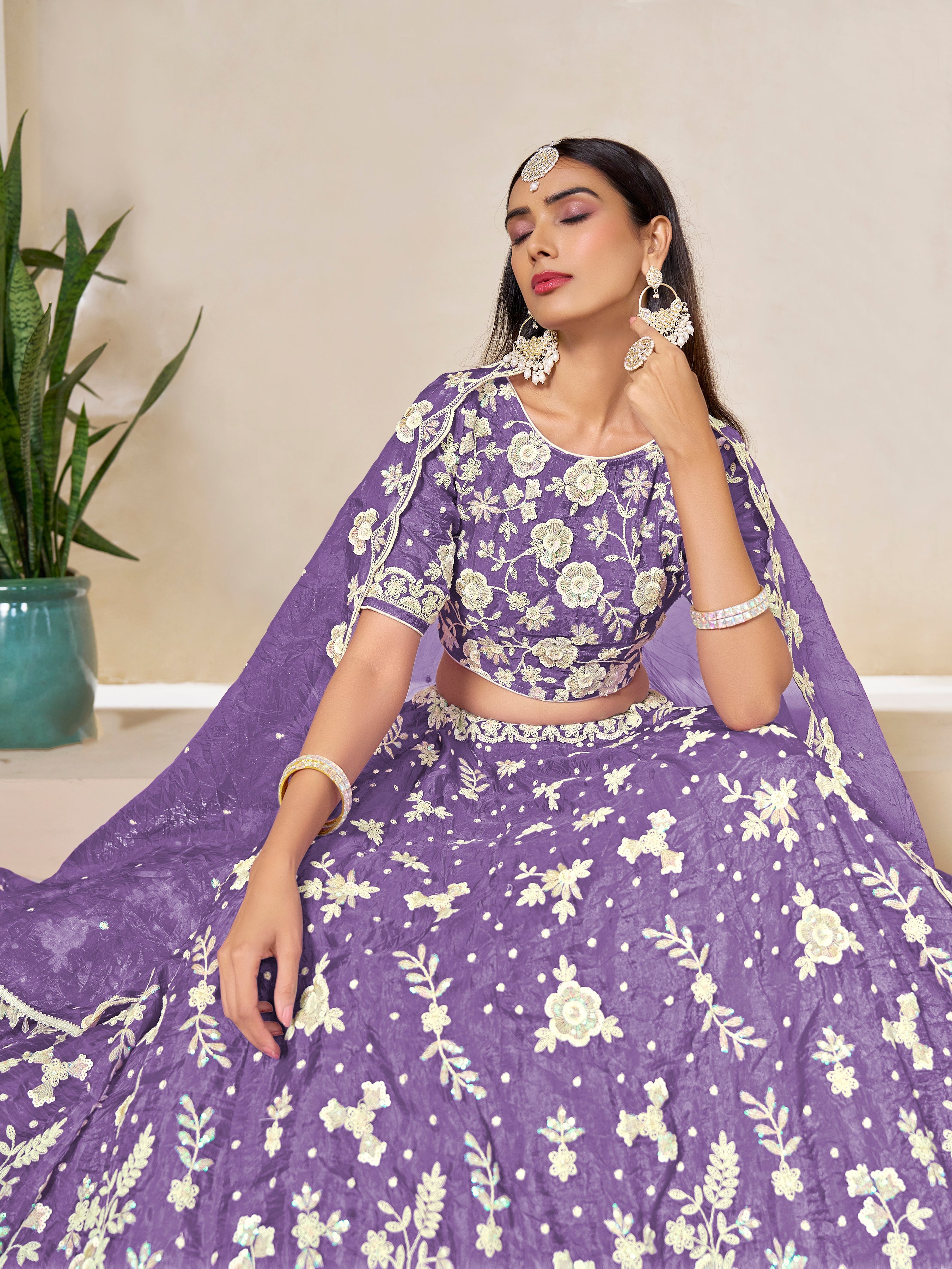 Light Purple Embroidered Crush Organza Lehenga Choli