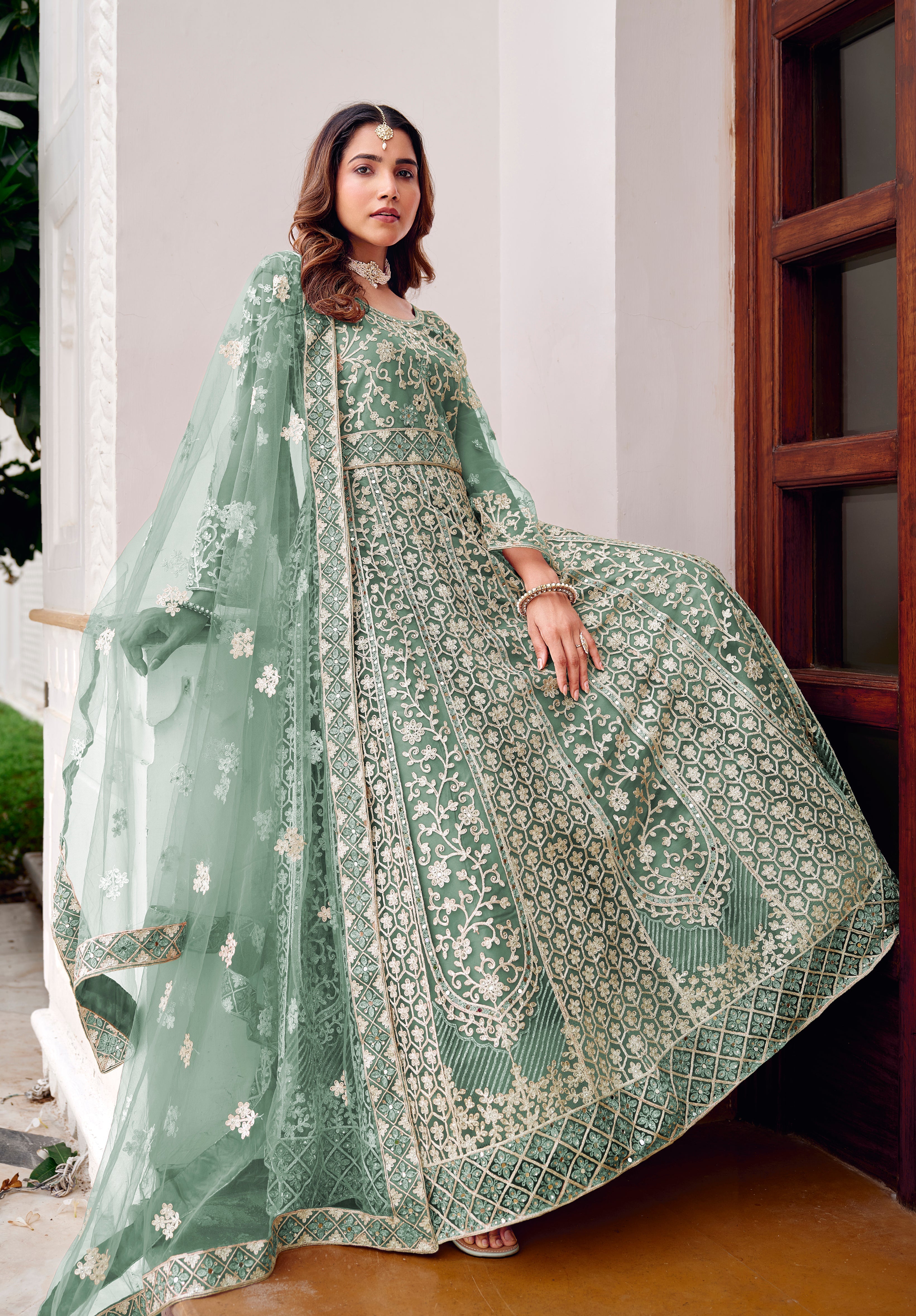 Light Teal Net Embroidered Readymade Trendy Gown