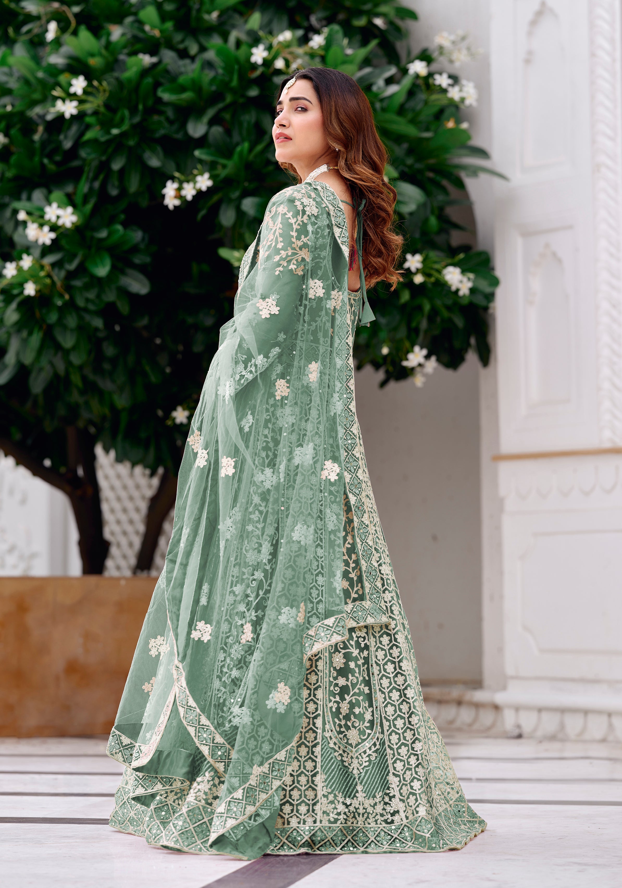 Light Teal Net Embroidered Readymade Trendy Gown