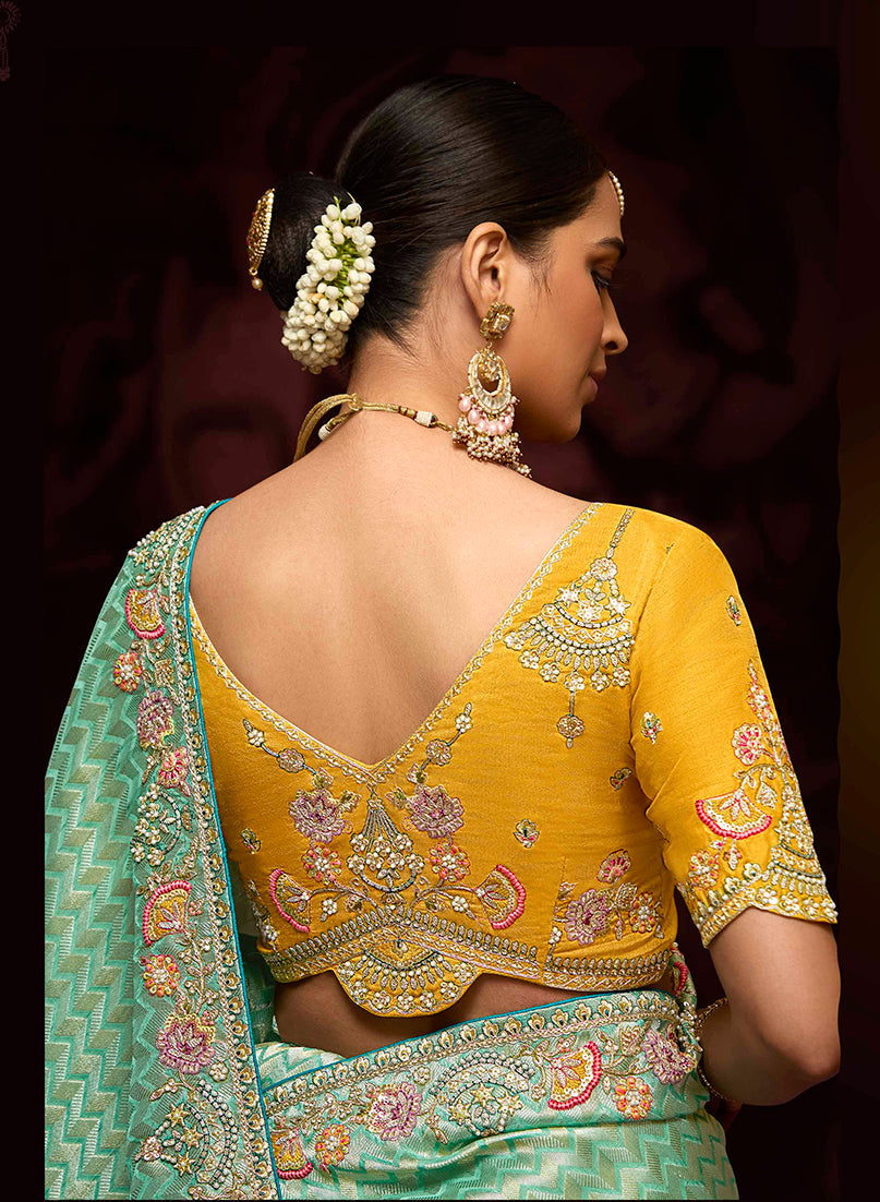 Light Turquoise Banarasi Silk Zari Woven Embroidered Traditional wear Saree