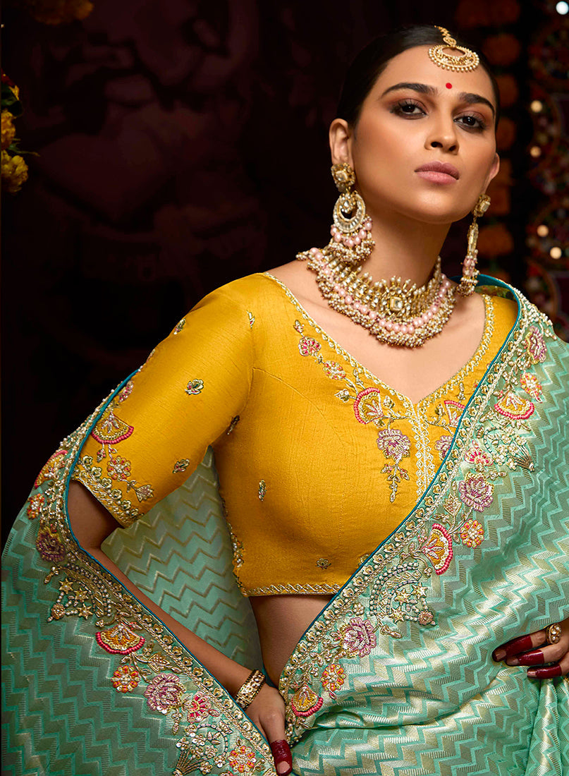 Light Turquoise Banarasi Silk Zari Woven Embroidered Traditional wear Saree