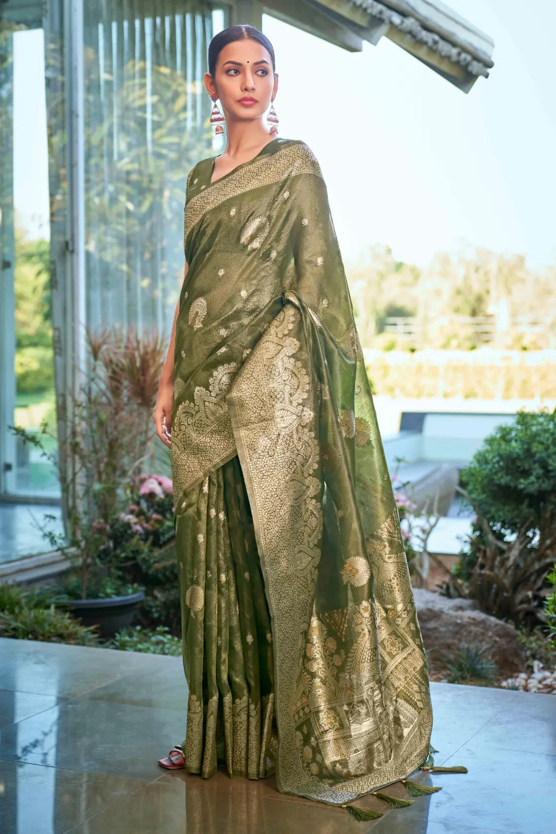 Olive Green Shimmer Silk Woven Work Ethnic Saree - Monjolika Fashion