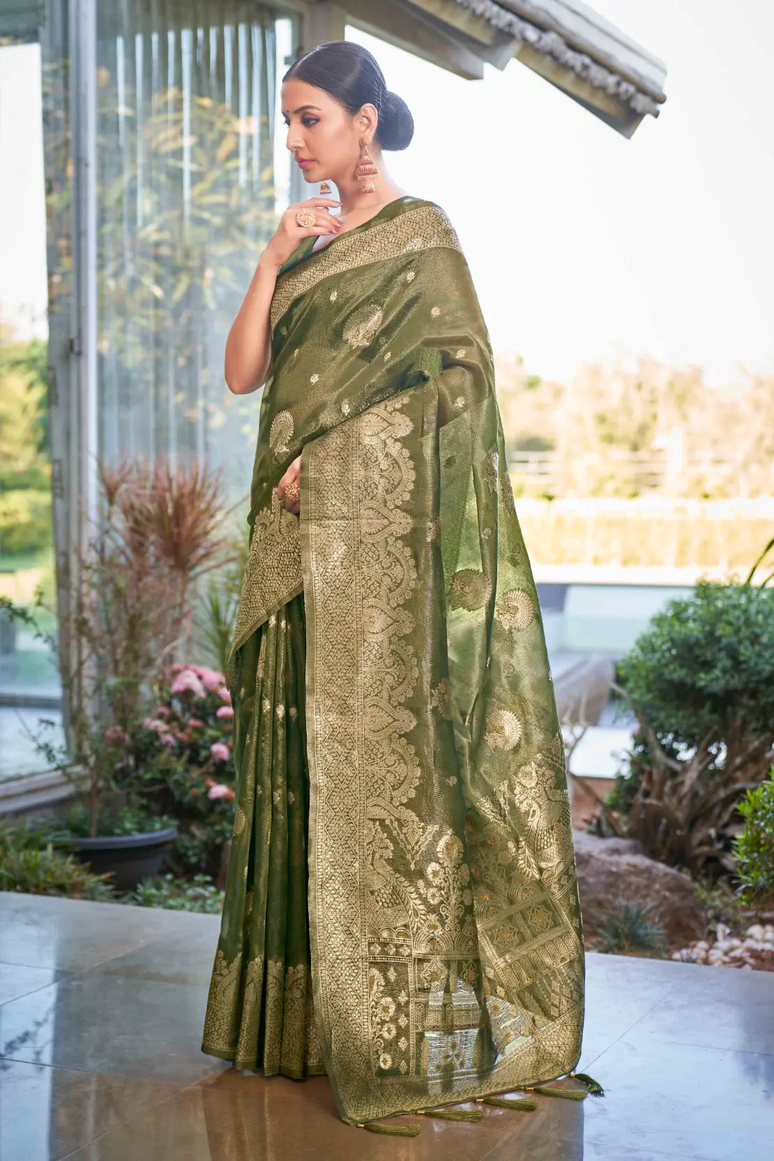 Olive Green Shimmer Silk Woven Work Ethnic Saree - Monjolika Fashion