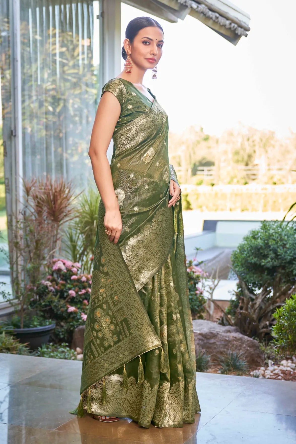 Olive Green Shimmer Silk Woven Work Ethnic Saree - Monjolika Fashion