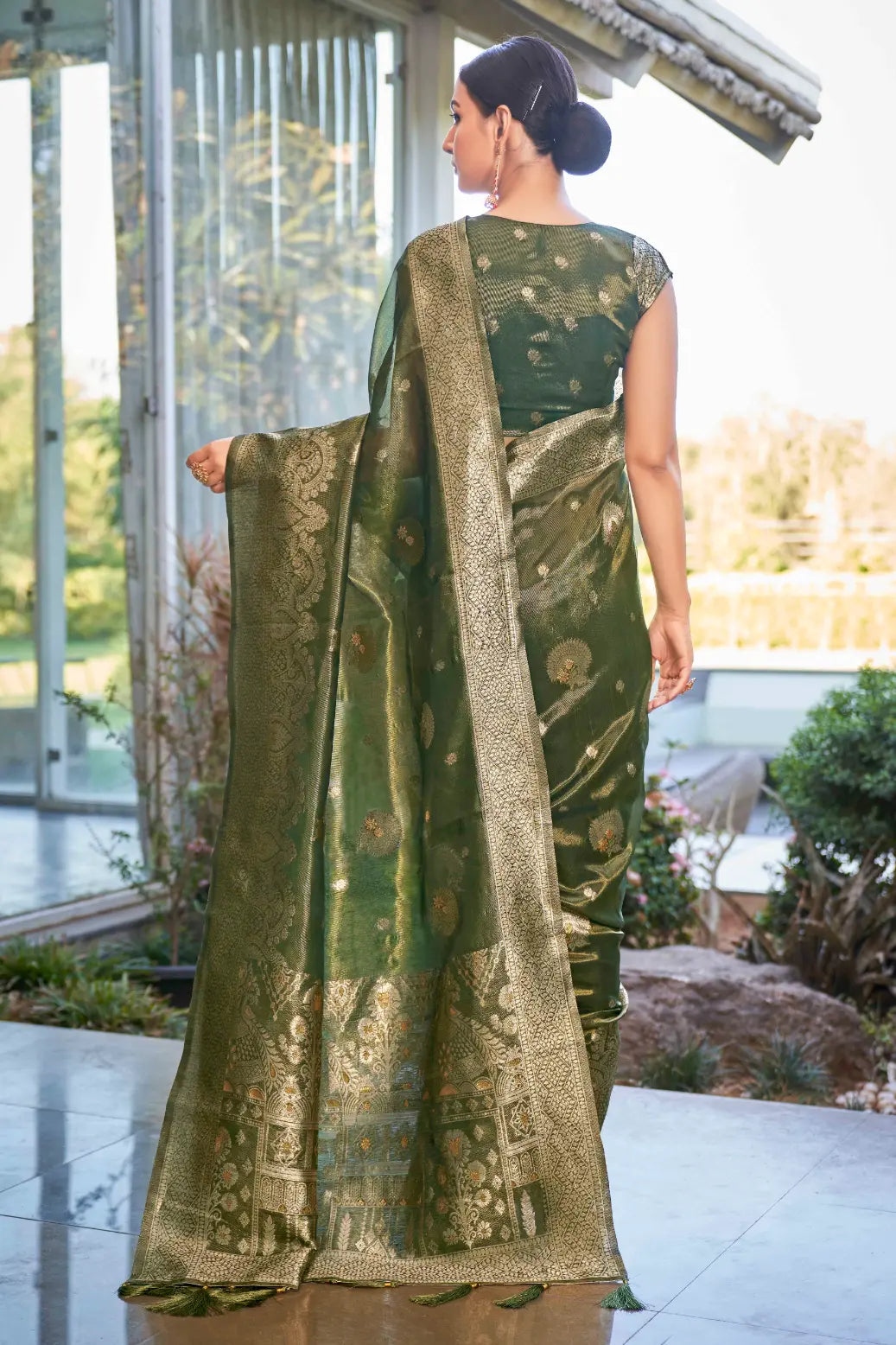 Olive Green Shimmer Silk Woven Work Ethnic Saree - Monjolika Fashion