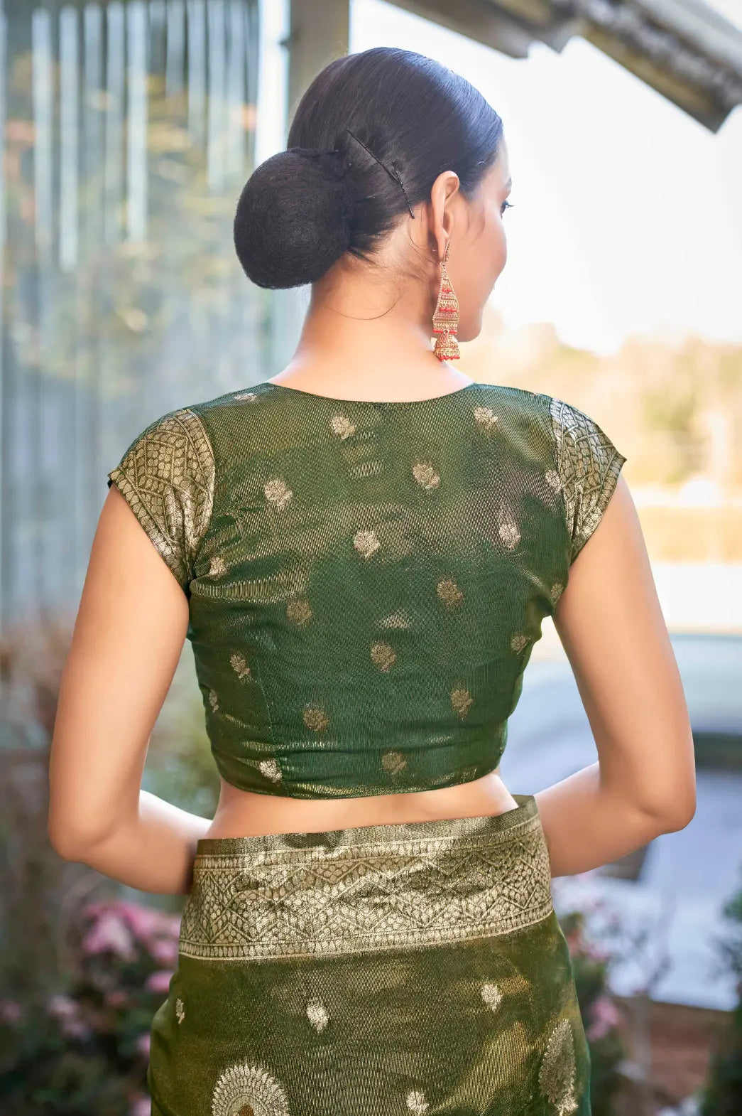 Olive Green Shimmer Silk Woven Work Ethnic Saree - Monjolika Fashion