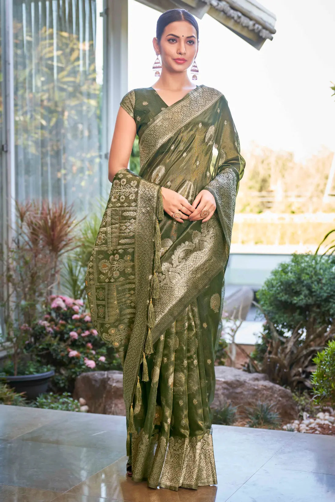 Olive Green Shimmer Silk Woven Work Ethnic Saree - Monjolika Fashion