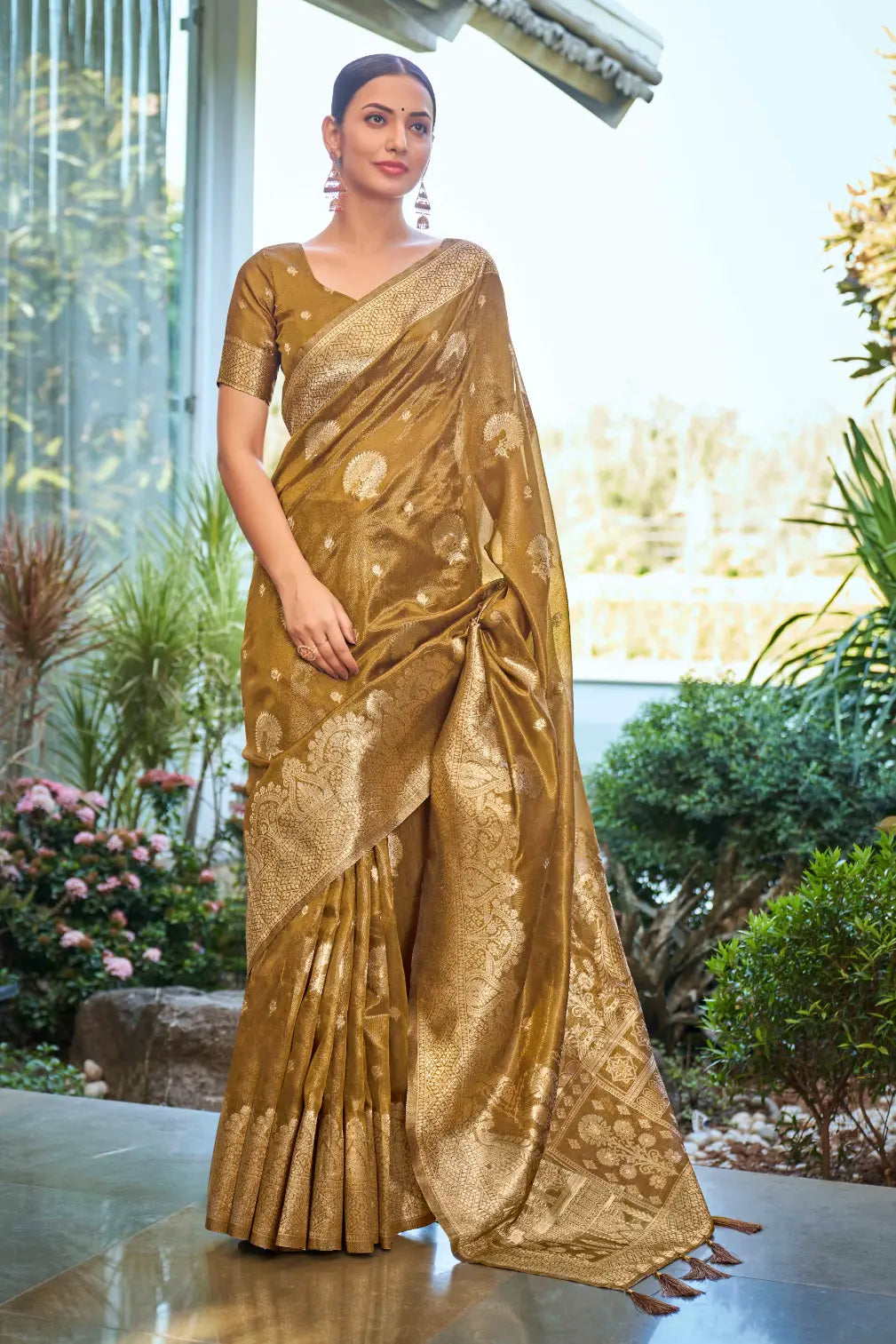 Mustard Shimmer Silk Woven Work Ethnic Saree - Monjolika Fashion