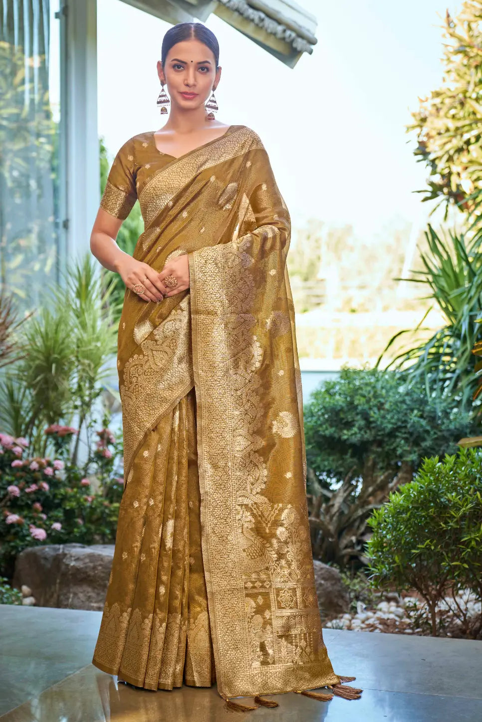 Mustard Shimmer Silk Woven Work Ethnic Saree - Monjolika Fashion