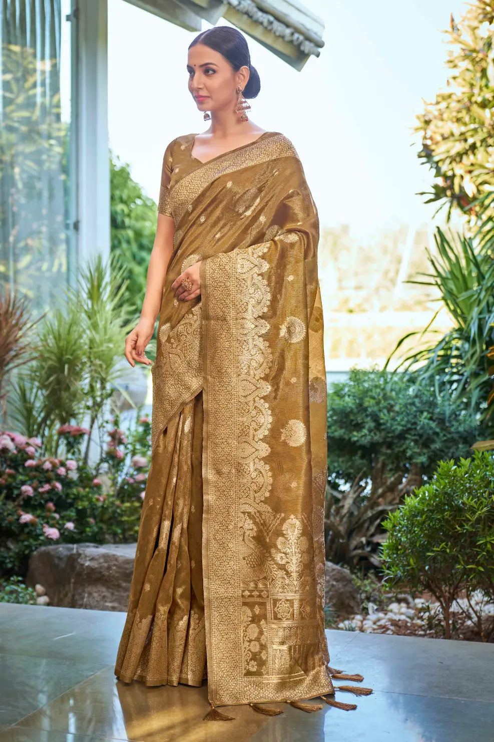 Mustard Shimmer Silk Woven Work Ethnic Saree - Monjolika Fashion
